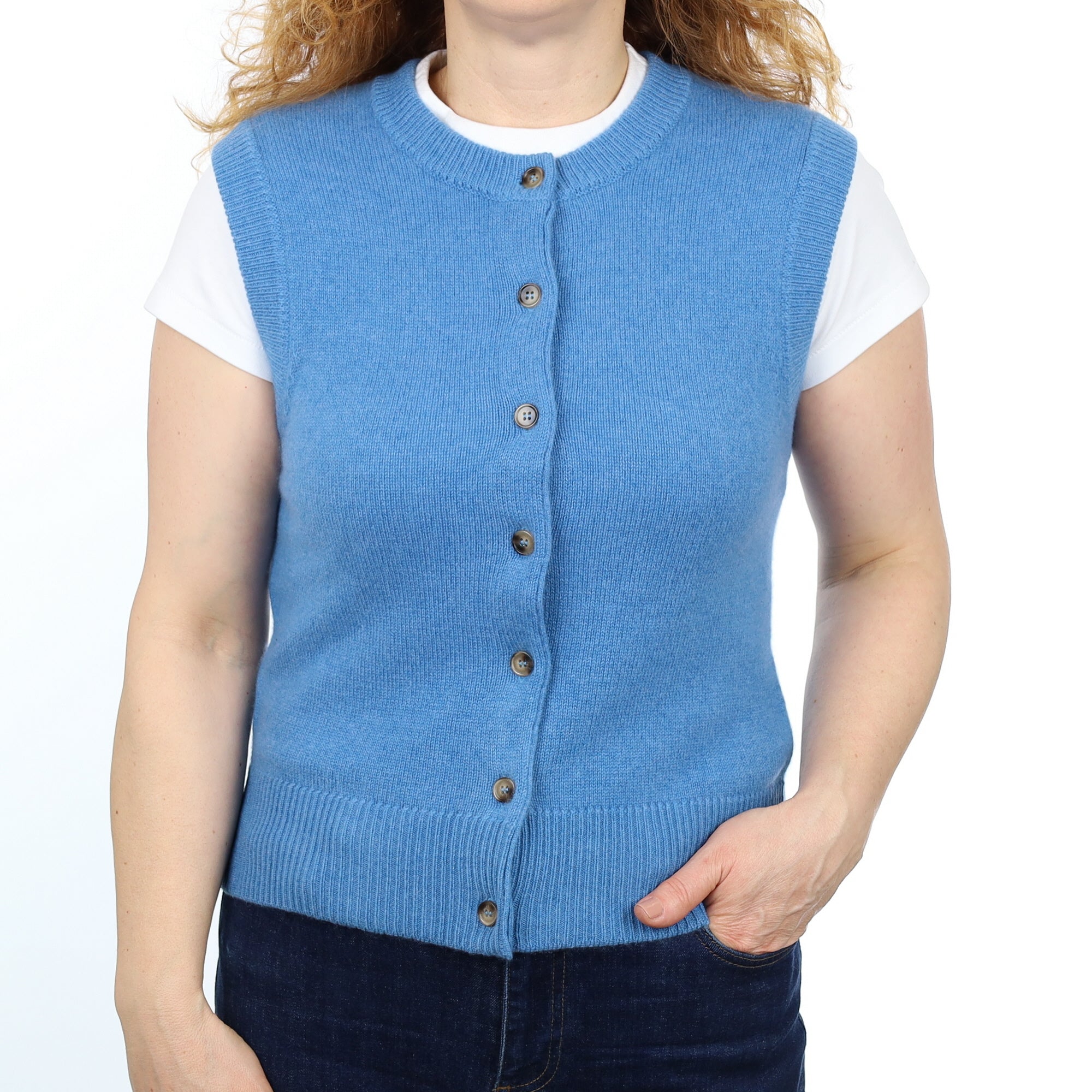 Brand New Mediterranean Blue Luxury Cashmere Crew Neck Waistcoat Medium UK 12-14