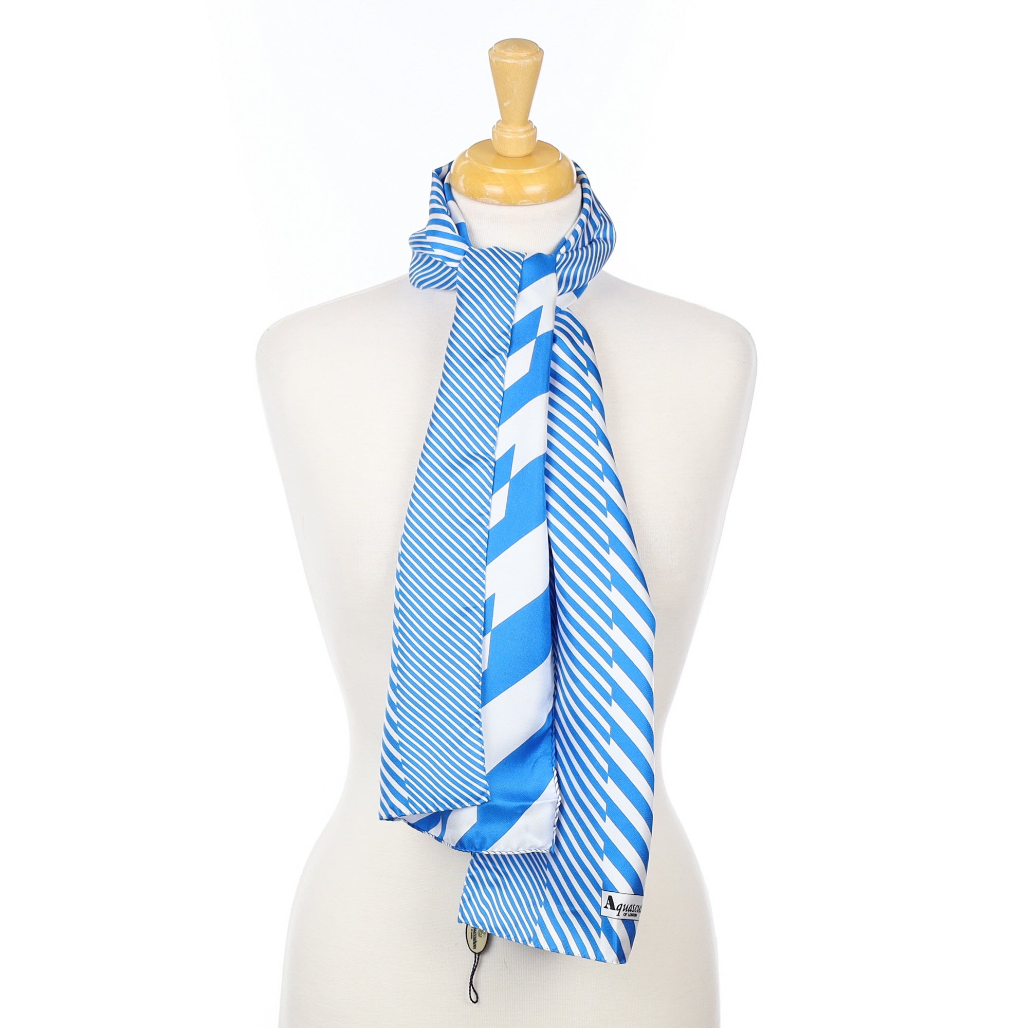 Brand New Aquascutum Blue and White Striped Silk Scarf