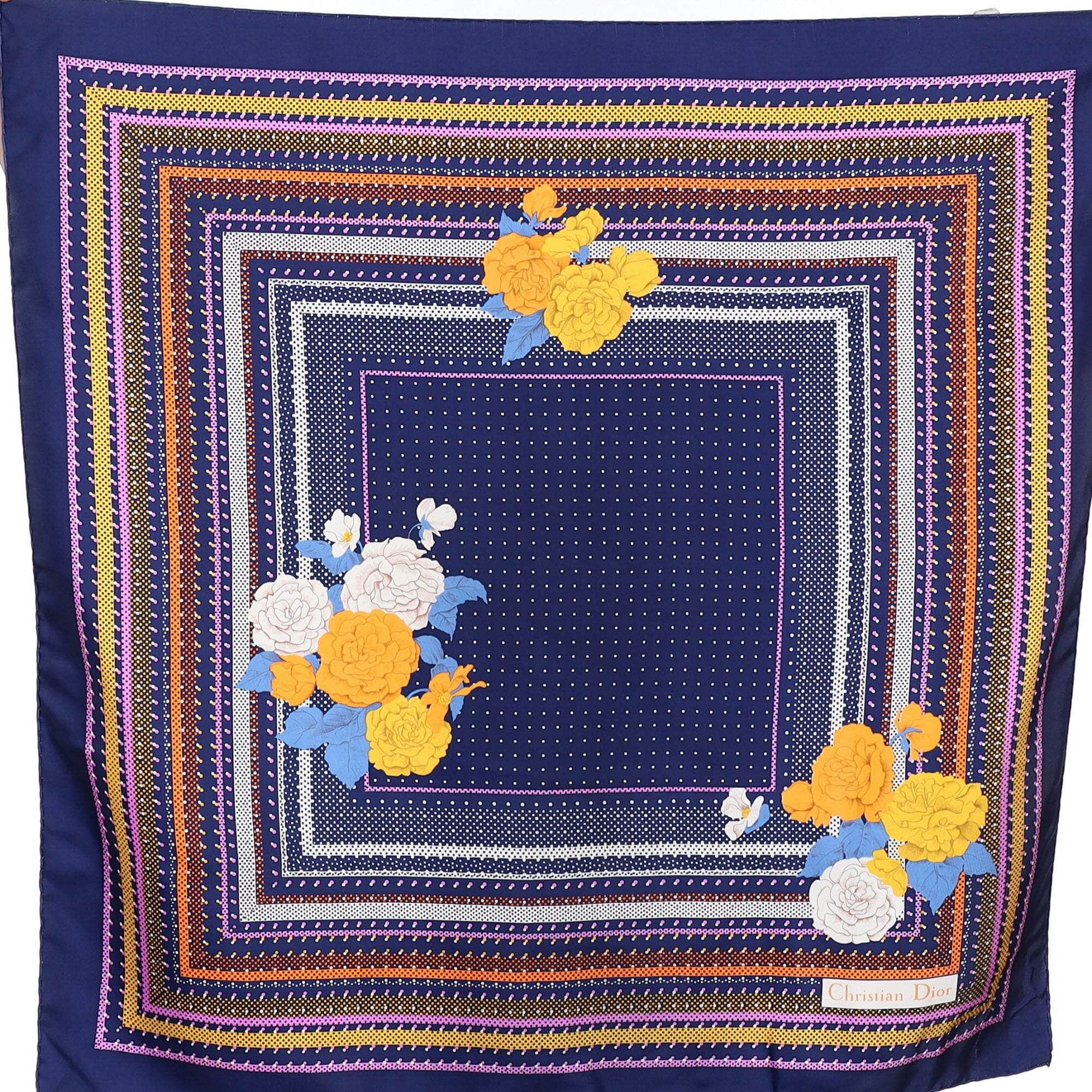 Christian Dior Navy Blue Patterned Vintage Silk Scarf