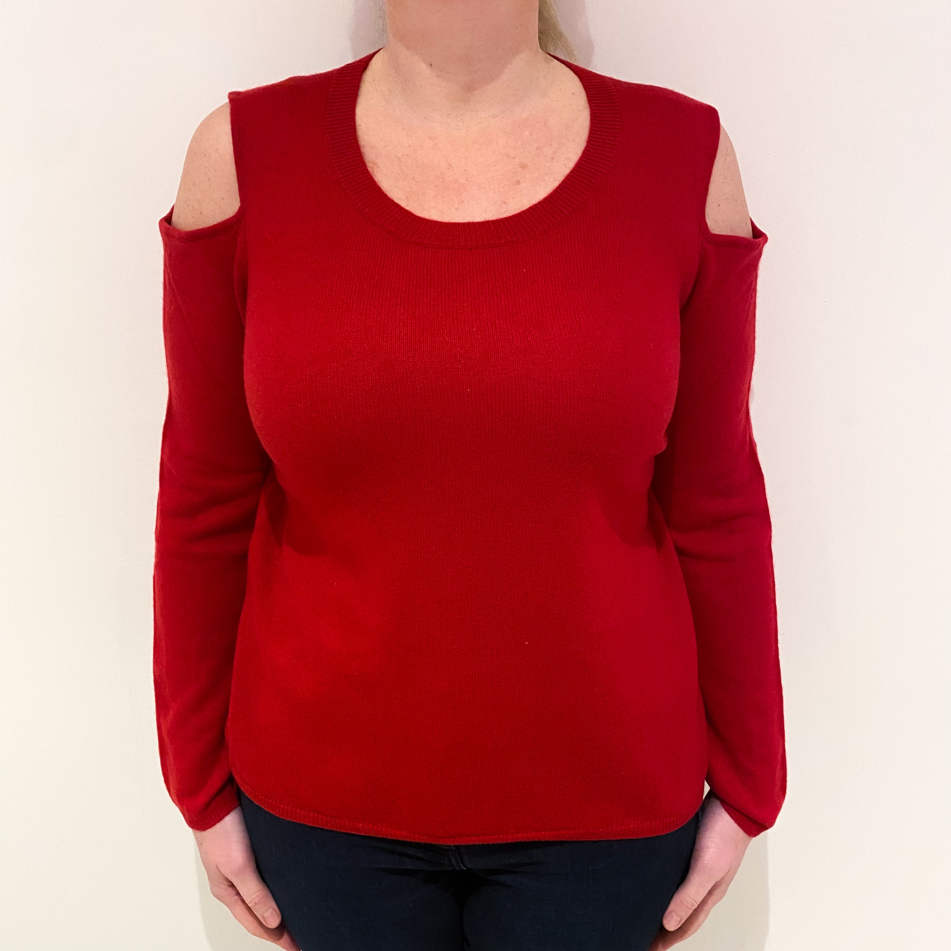 Red Cold Shoulder Cashmere Crew Neck Jumper Large