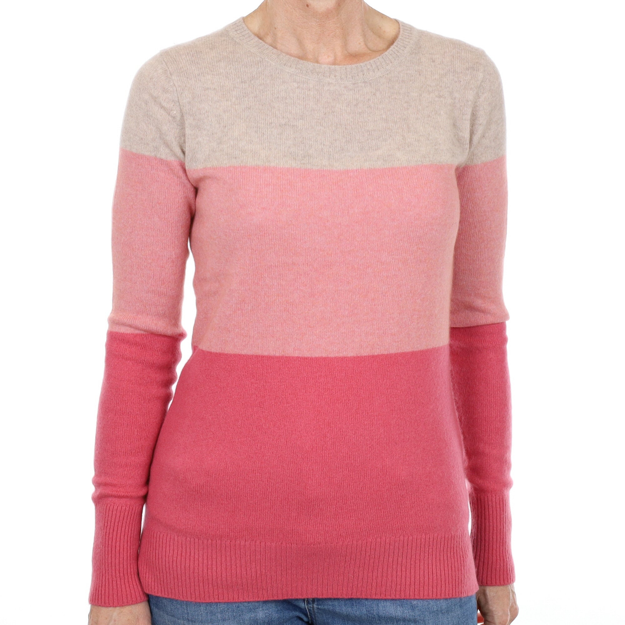 Beige and Pink Striped Cashmere Crew Neck Jumper Small