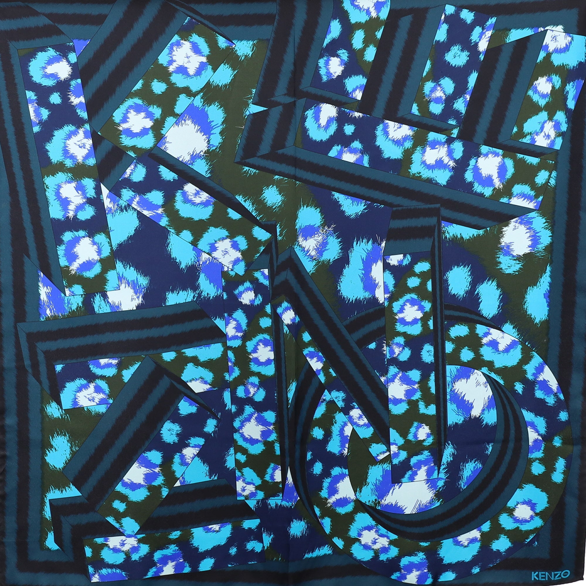 Kenzo Black and Blue Patterned Silk Scarf