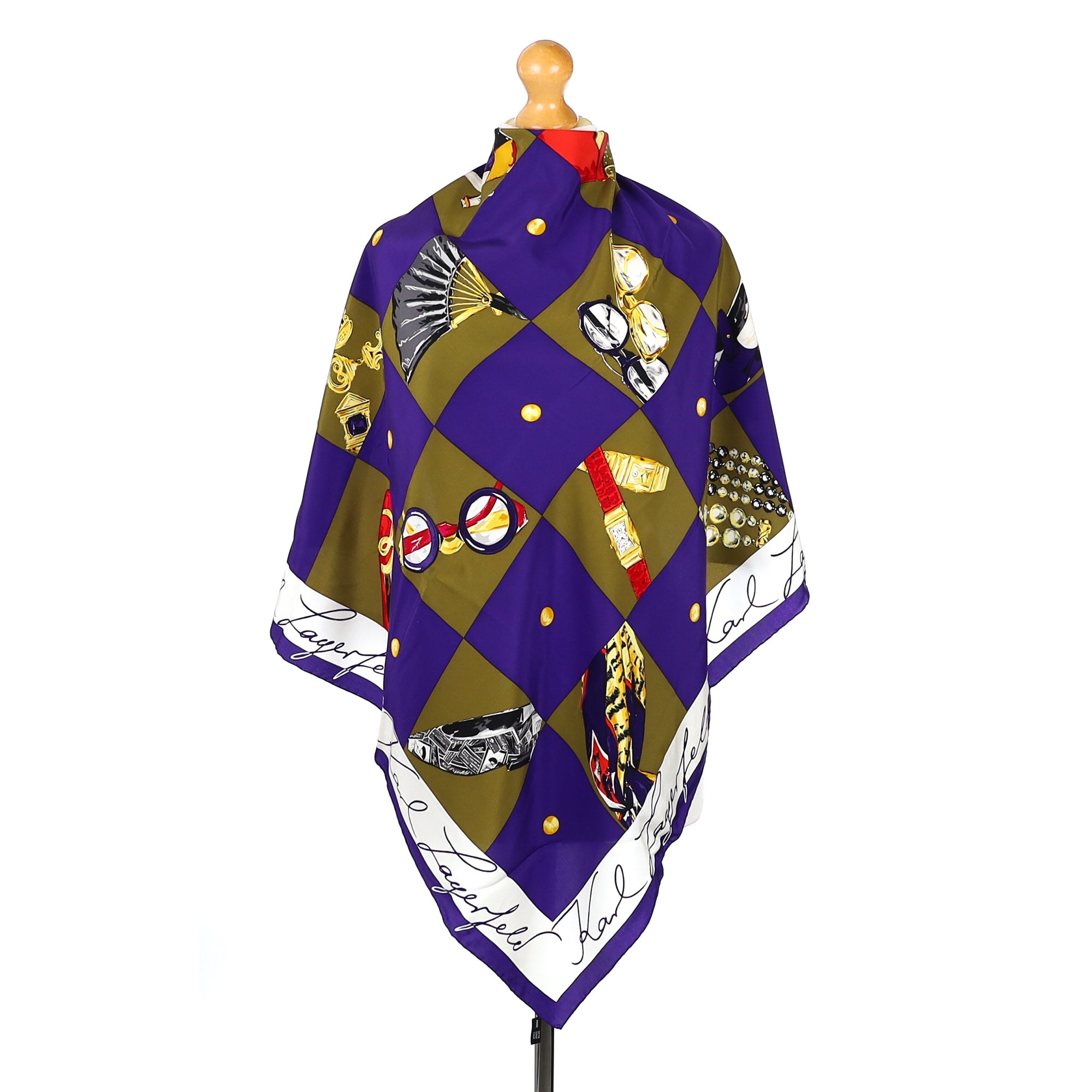 Brand New Karl Lagerfeld Purple and Khaki Checked Silk Scarf