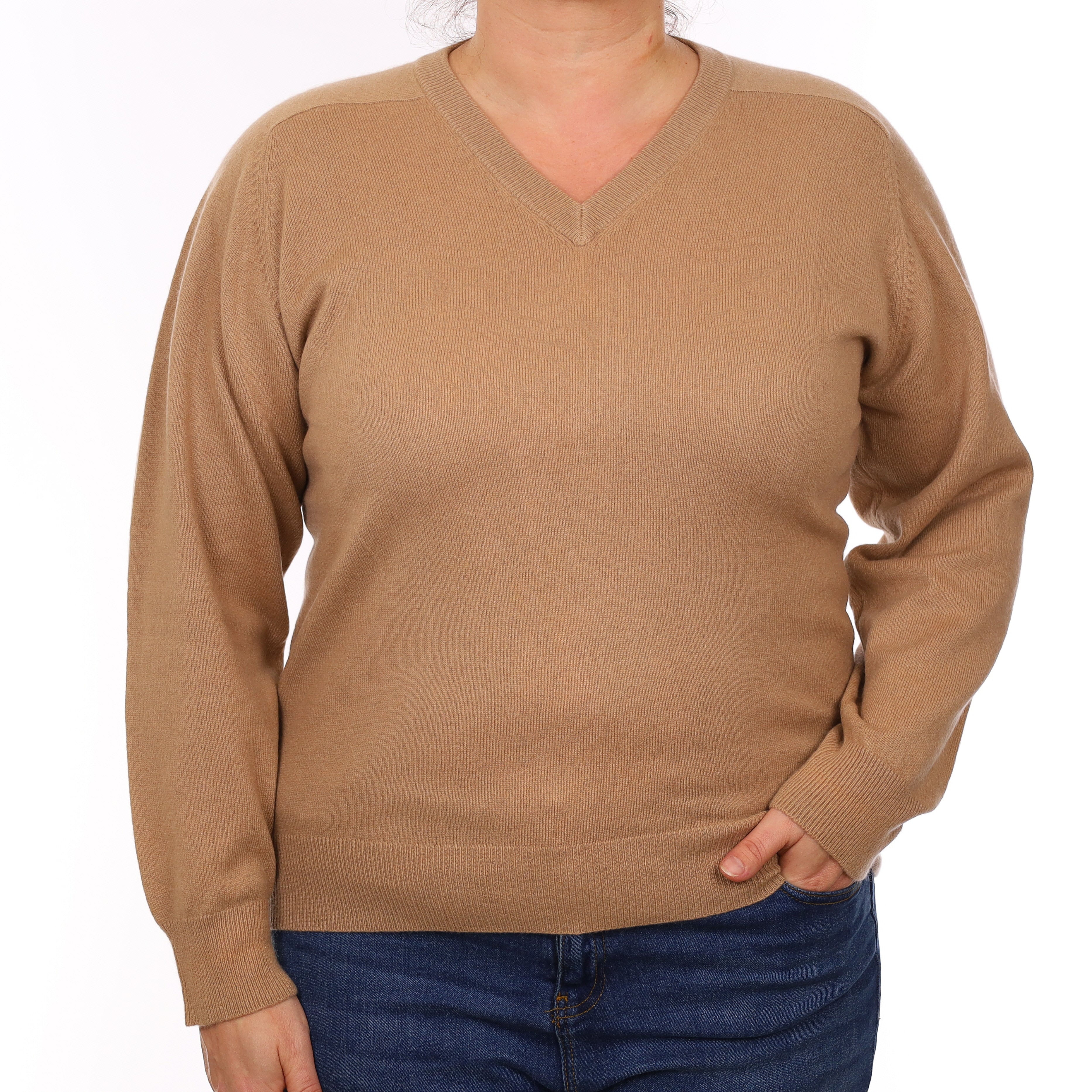 Camel Brown Cashmere V Neck Jumper Large