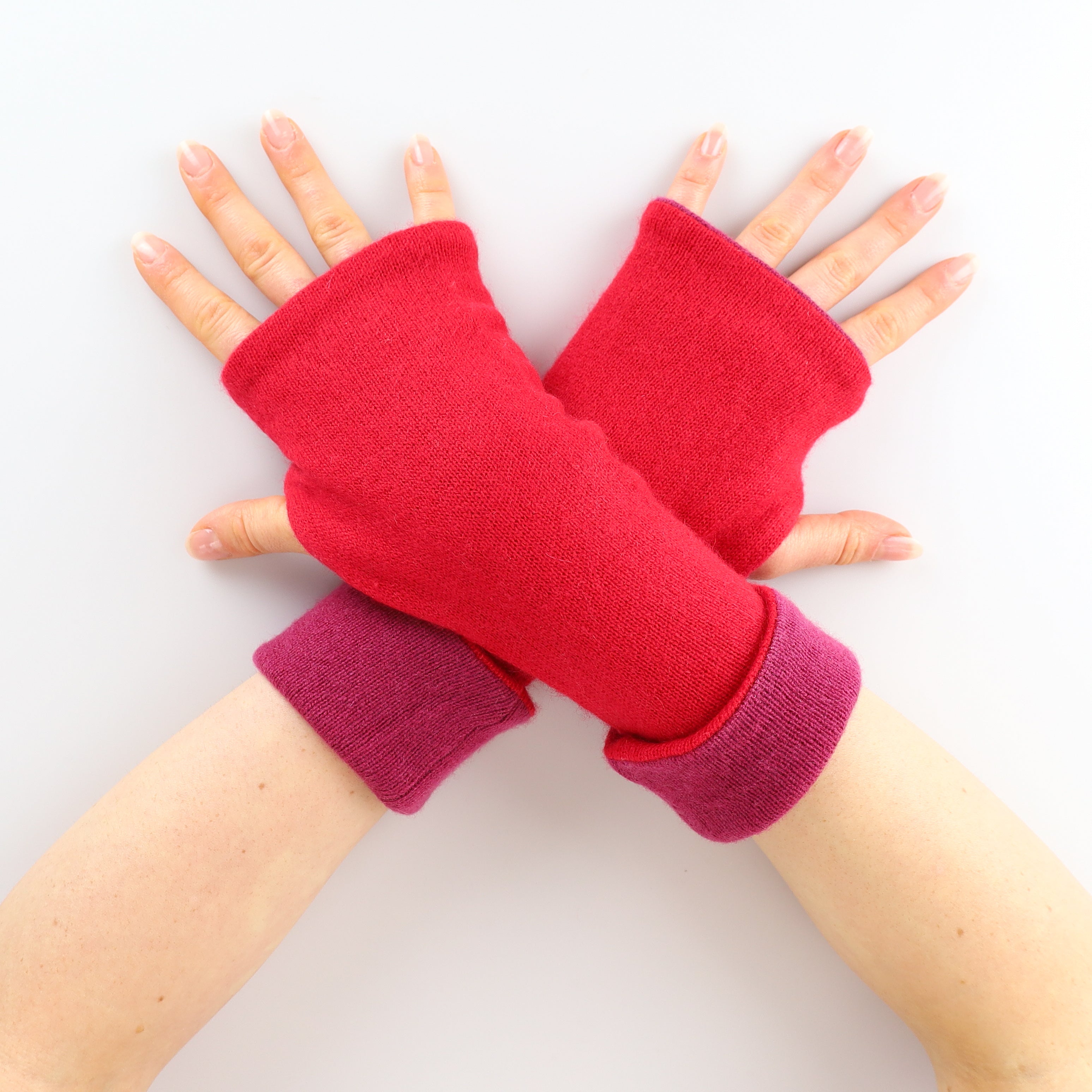 Berry Red and Plum Reversible Cashmere Fingerless Gloves