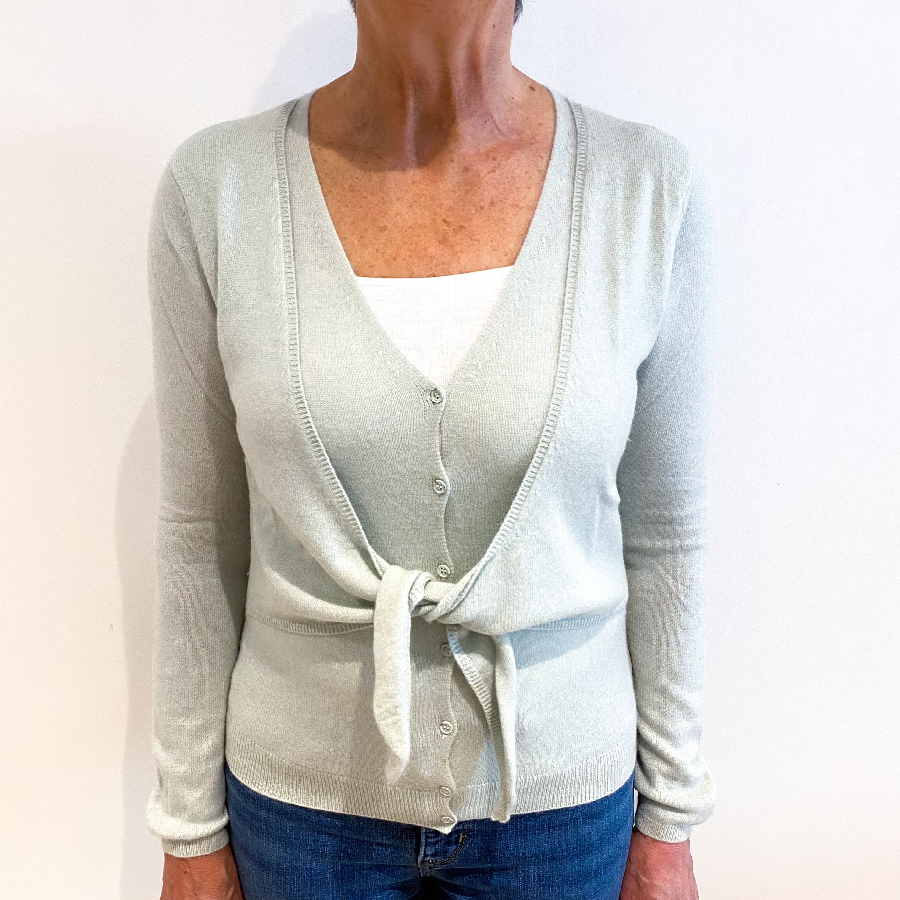 Palest Green V Neck Tie Cardigan Medium