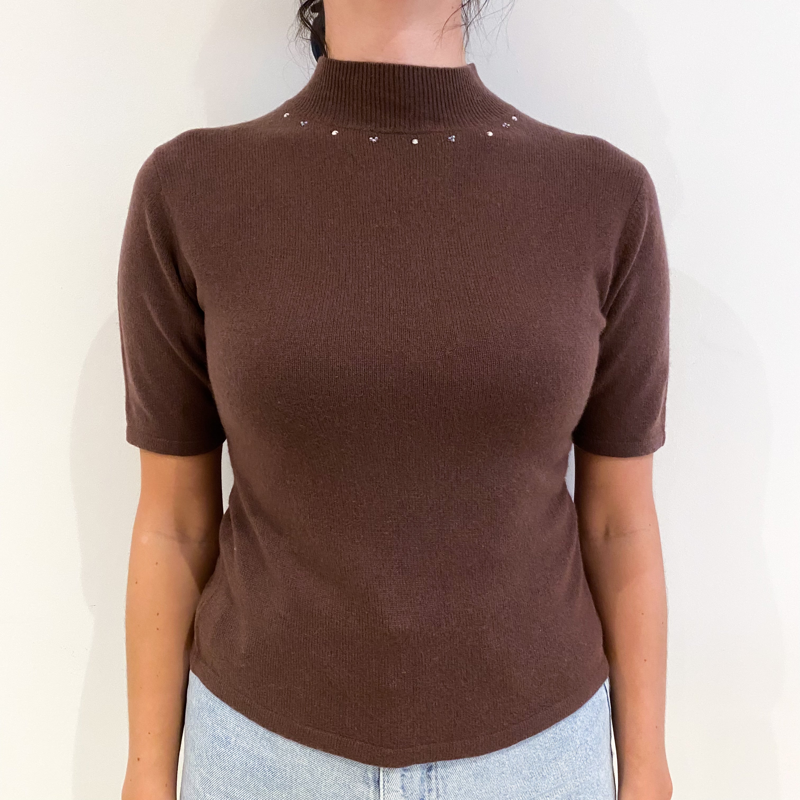 Russet Brown Embellished Cashmere Turtle Neck Short Sleeved Jumper Small