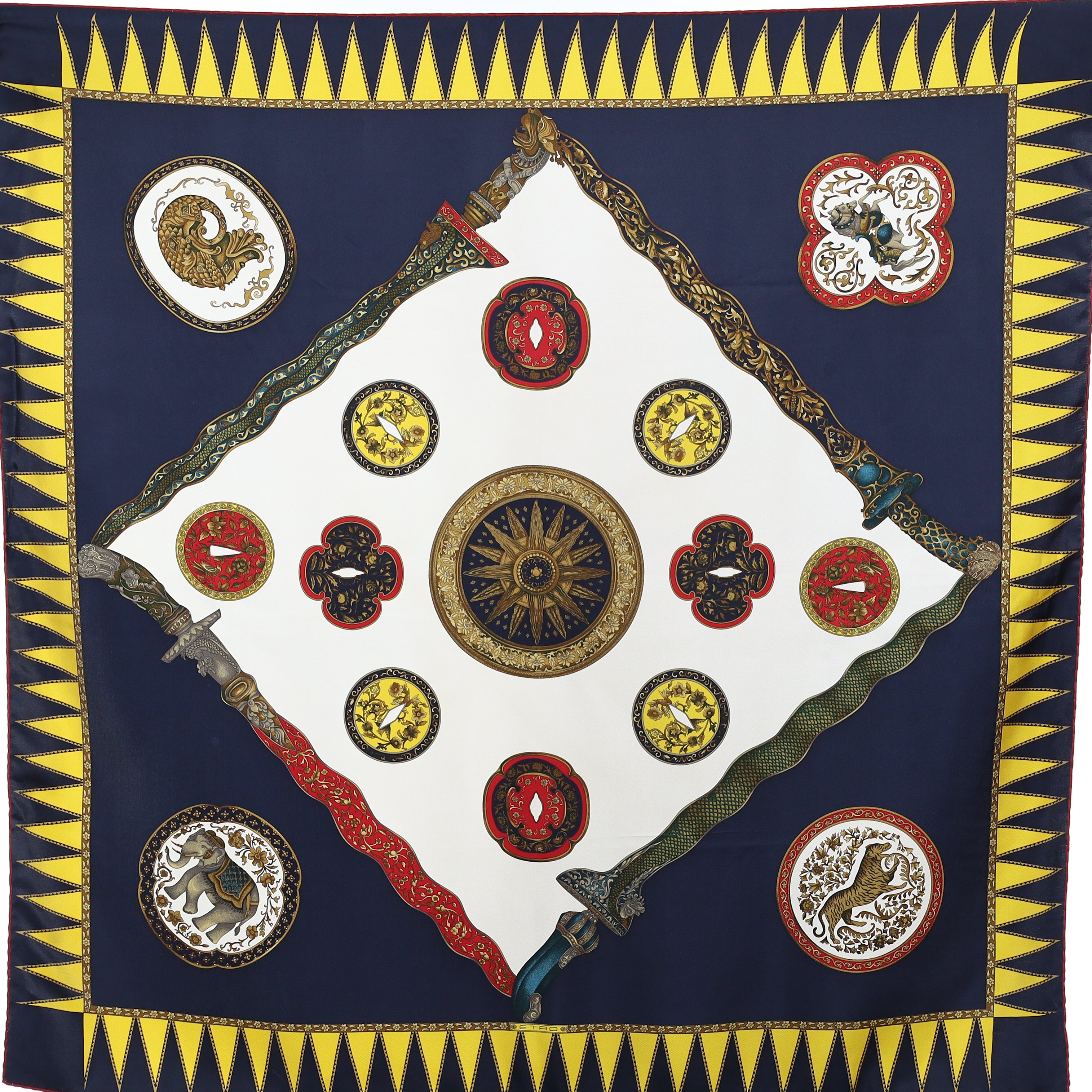 Etro Navy And Gold Ornate Patterned Silk Scarf