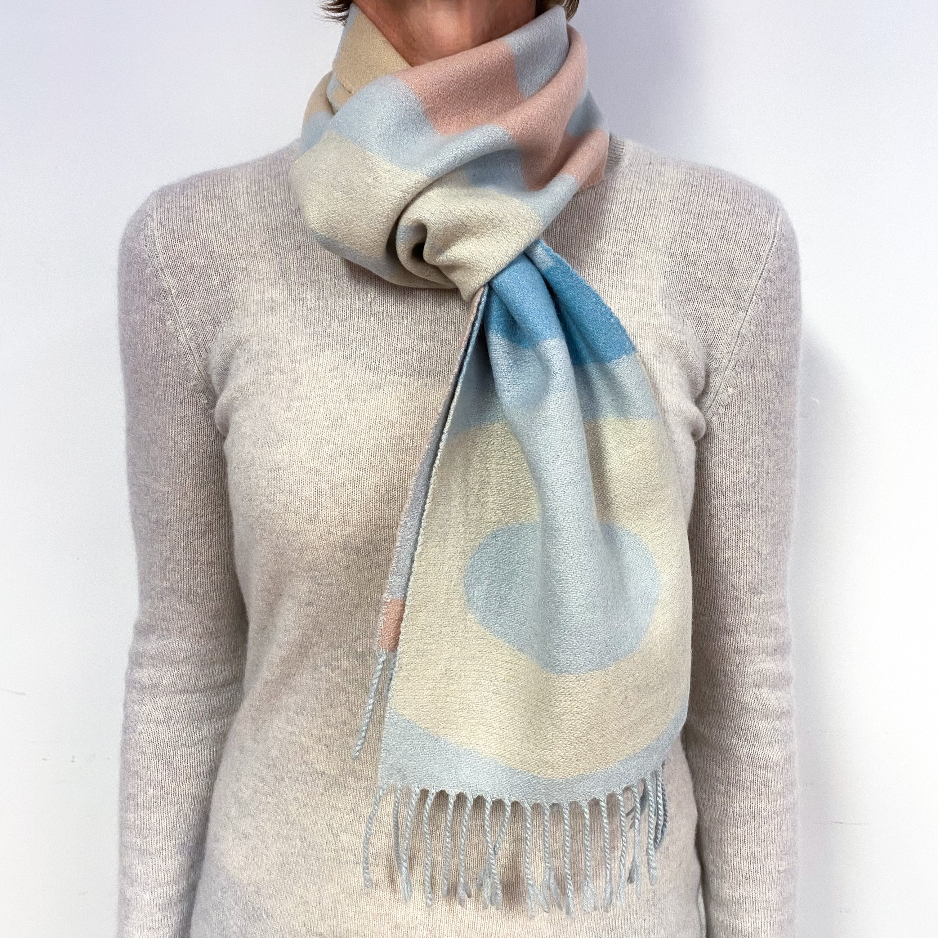 Opal Blue Cashmere Fringed Woven Scarf with ‘Cashmere’ Lettering Design