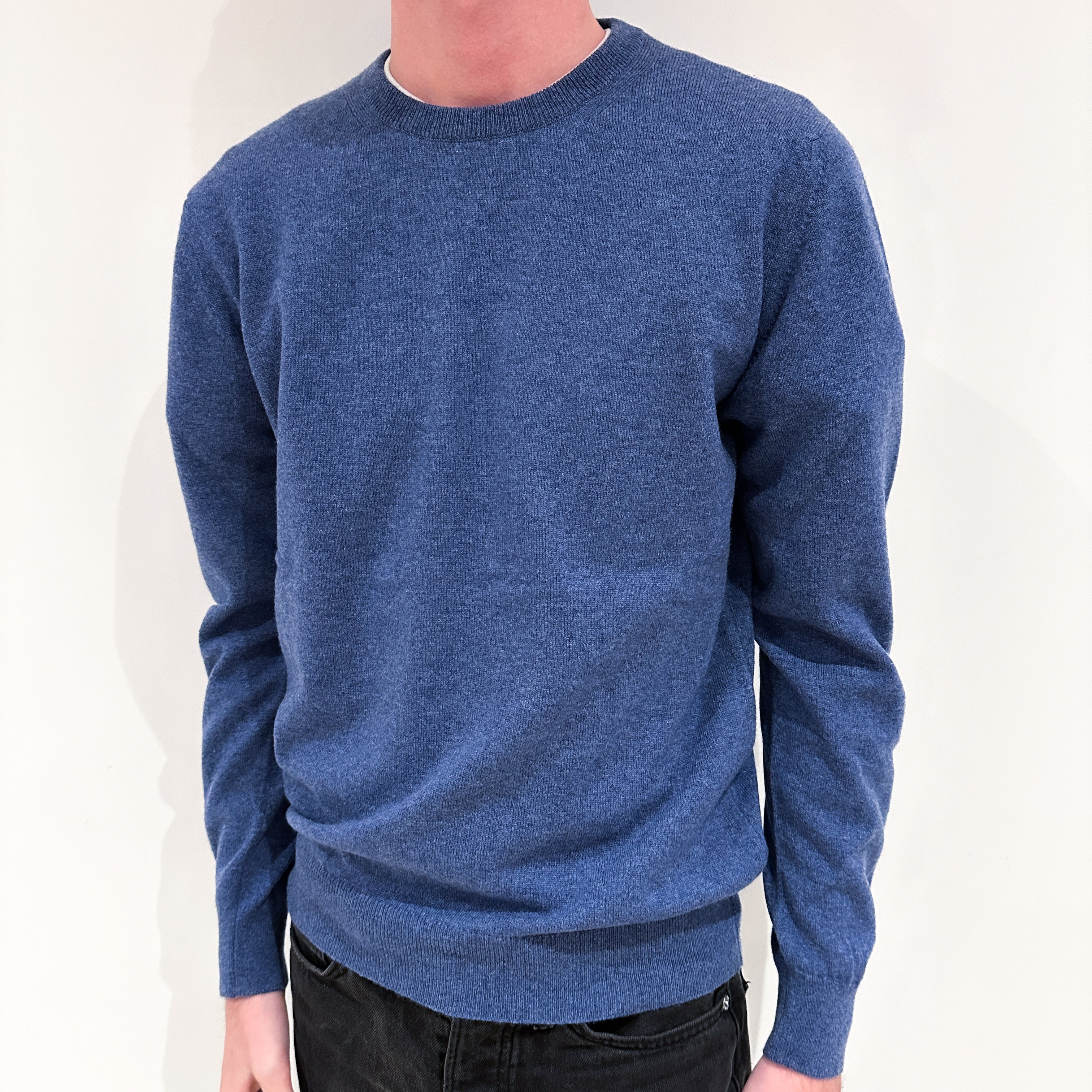 Men's Brand New Scottish Denim Blue Cashmere Crew Neck Jumper Small