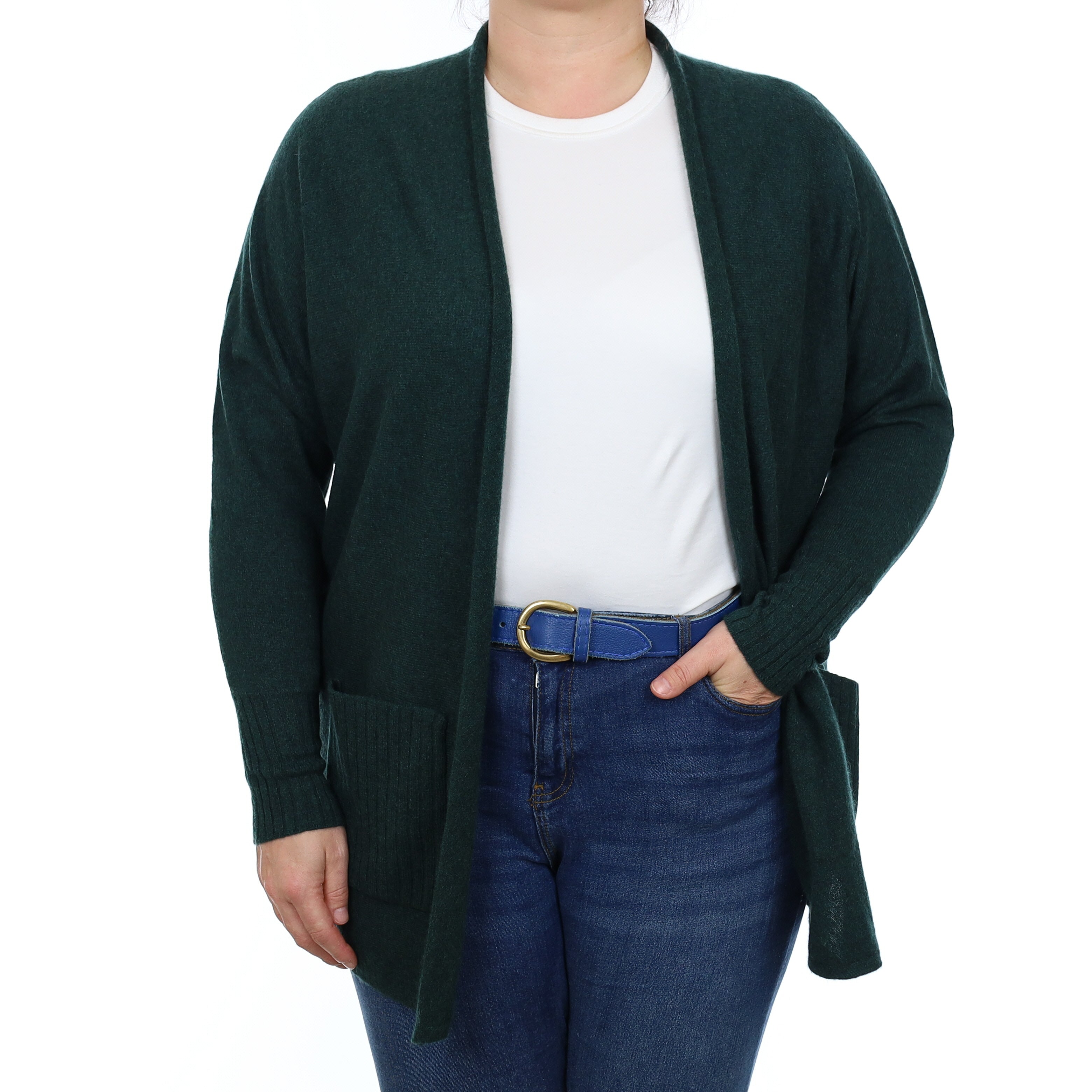 Bottle Green Cashmere Batwing Edge to Edge Cardigan with Pockets Large