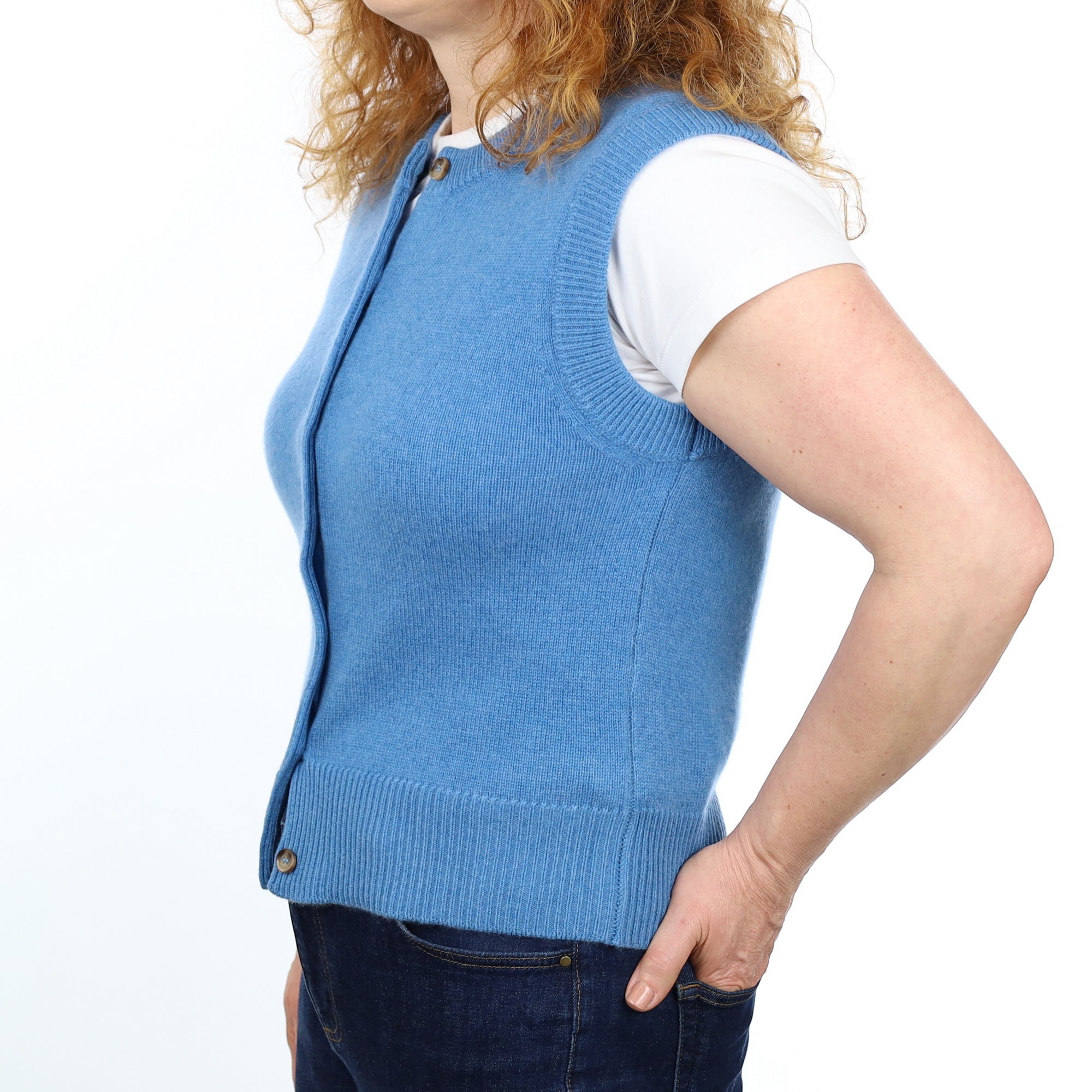Brand New Mediterranean Blue Luxury Cashmere Crew Neck Waistcoat Medium UK 12-14