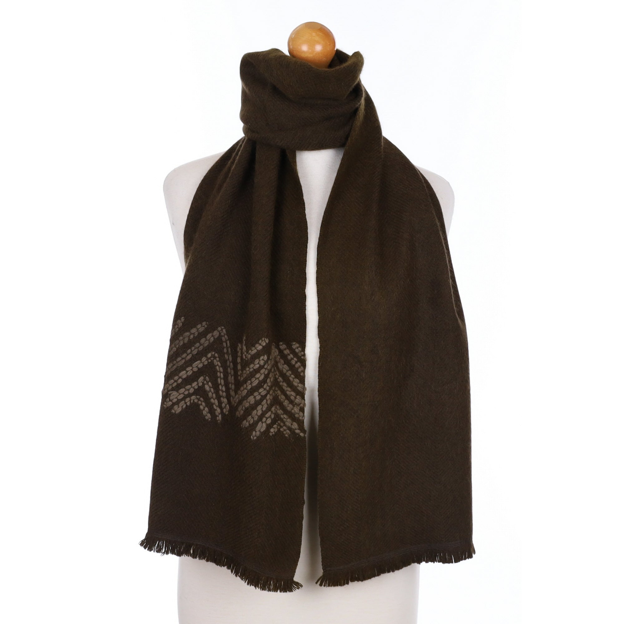 Peppercorn Brown Stitch Detail Cashmere Tasseled Woven Scarf