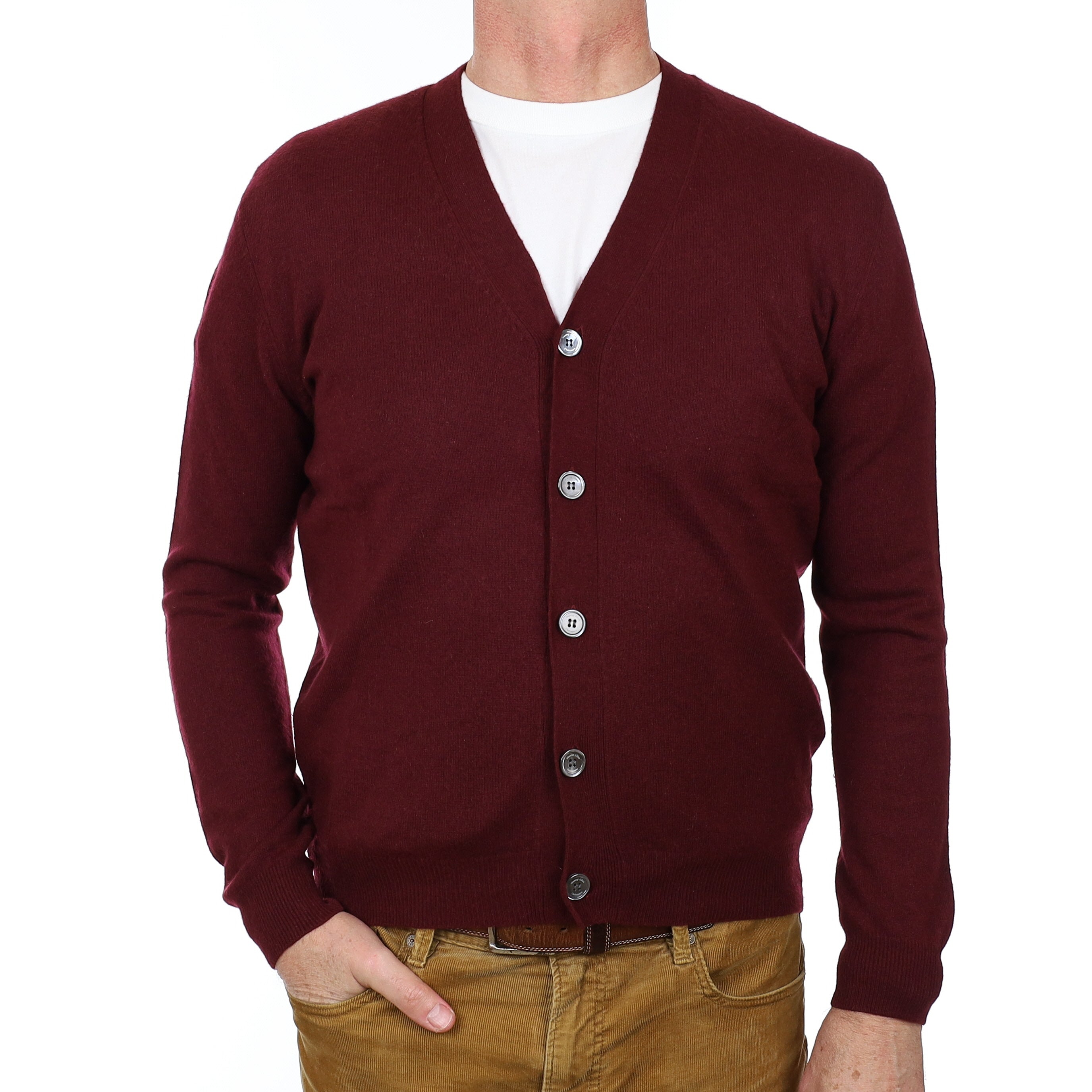 Men’s Wine Red Cashmere V Neck Cardigan Extra Large