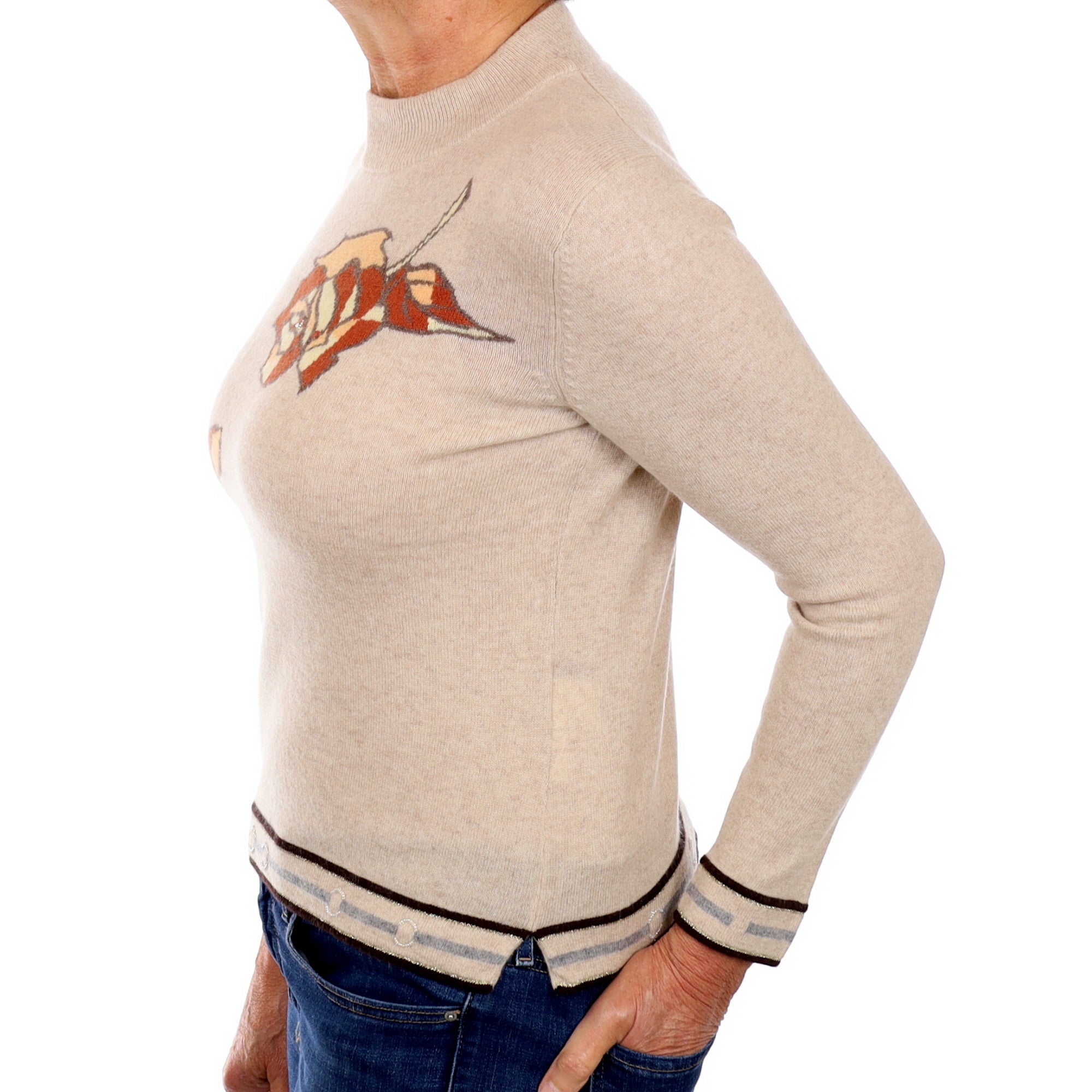 Beige Floral Cashmere Turtle Neck Jumper Medium