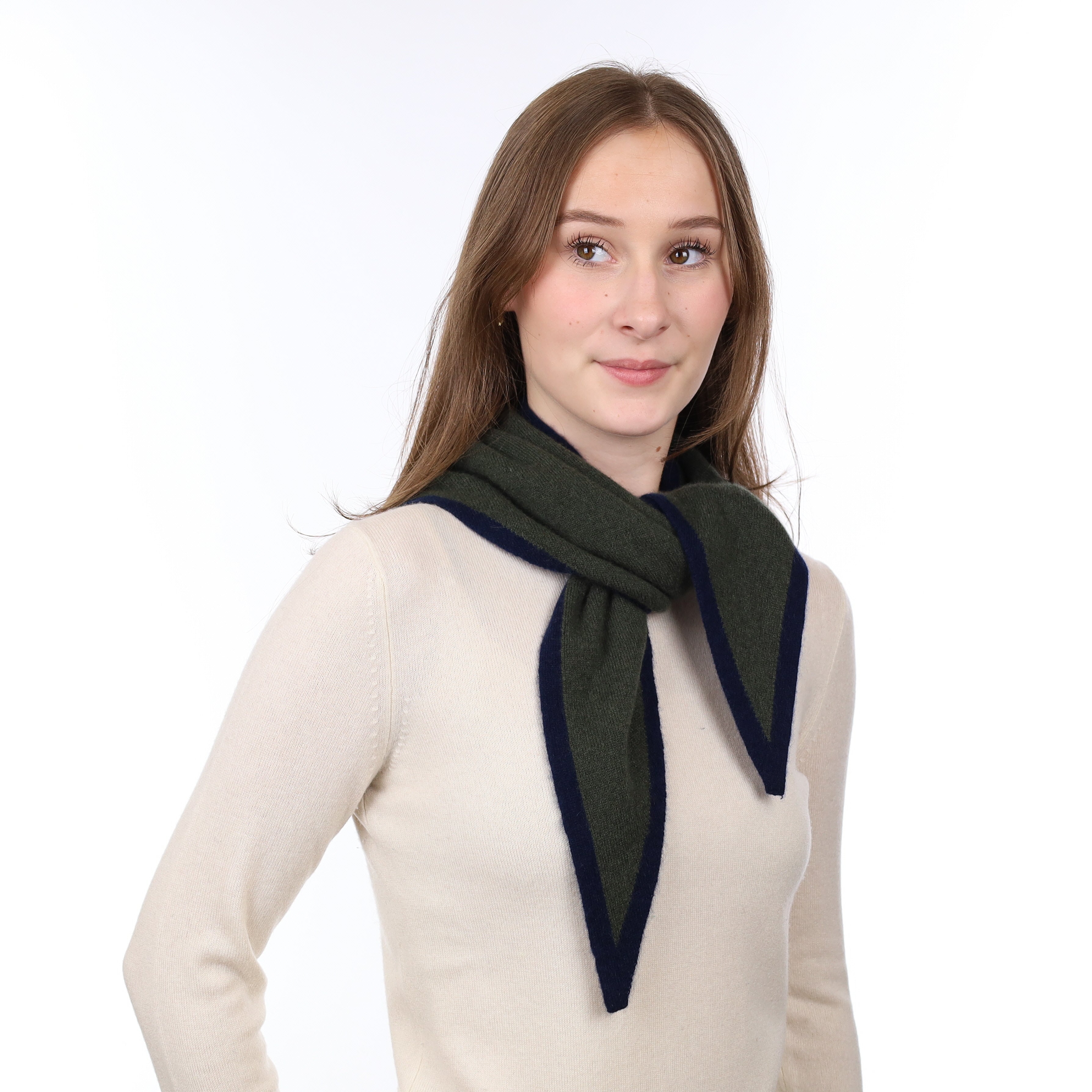 Brand New Khaki Green and Navy Recycled Cashmere Triangle Scarf