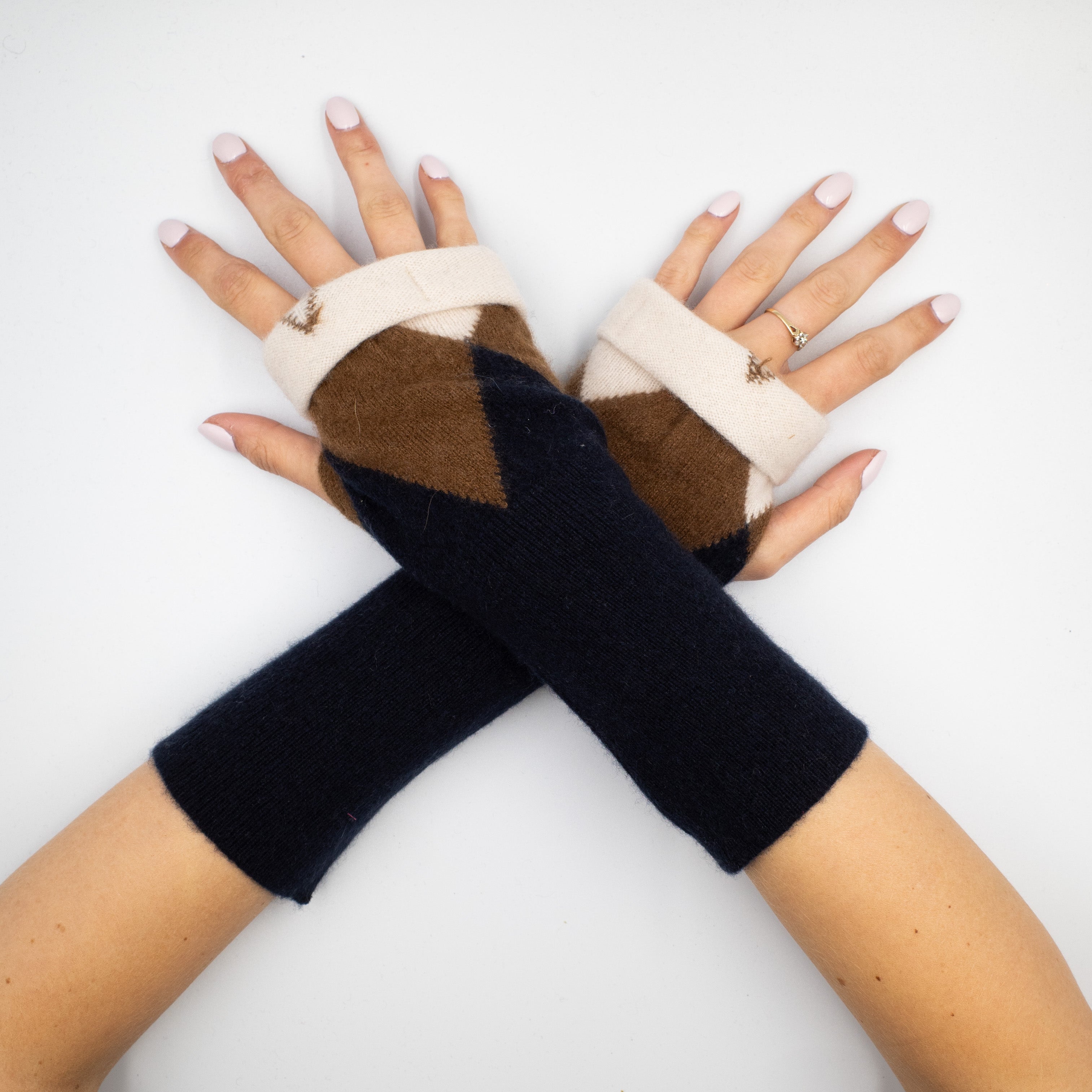 Navy Blue Brown Diamond Fingerless Gloves