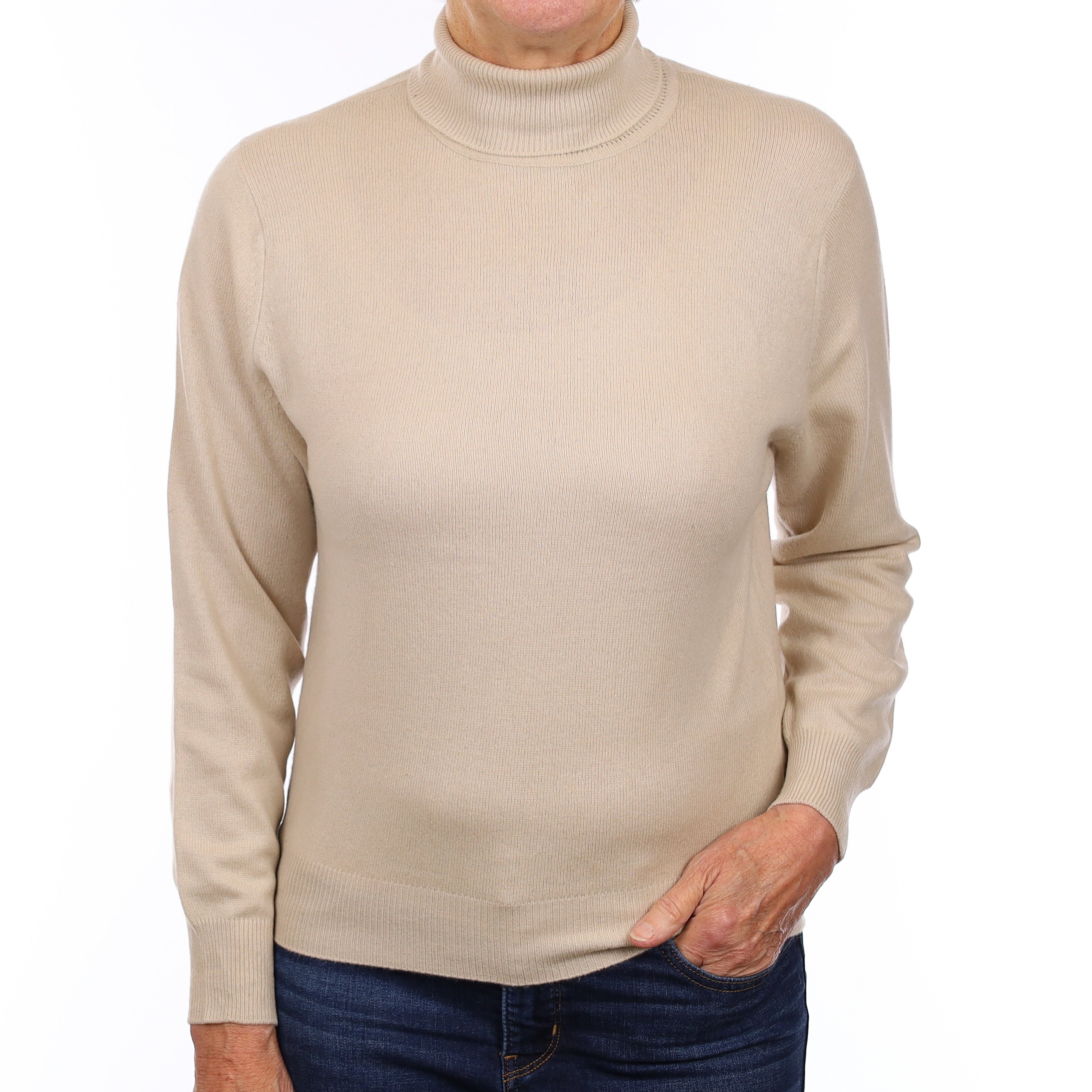 Pale Fawn Cashmere Polo Neck Jumper Medium