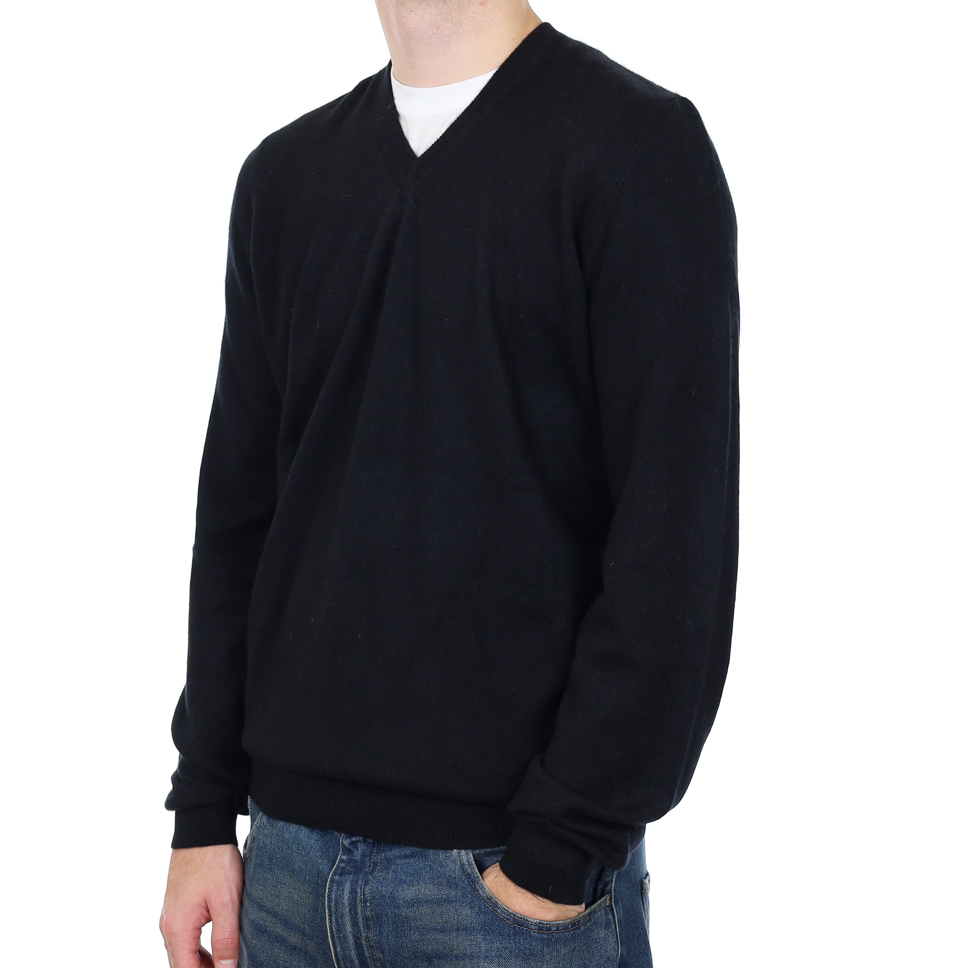 Men’s Black Cashmere V Neck Jumper Large