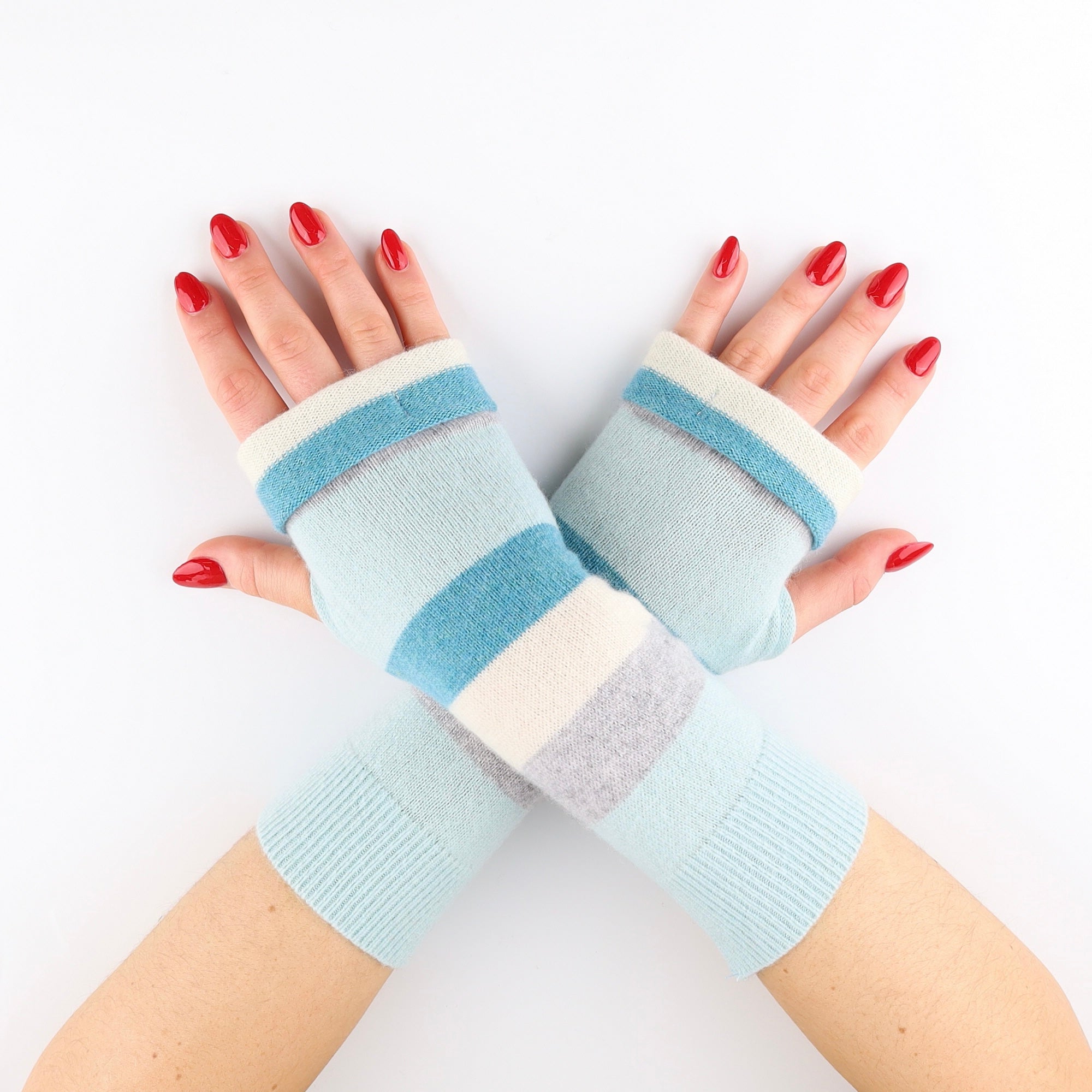Aqua, Grey and Cream Striped Fingerless Gloves
