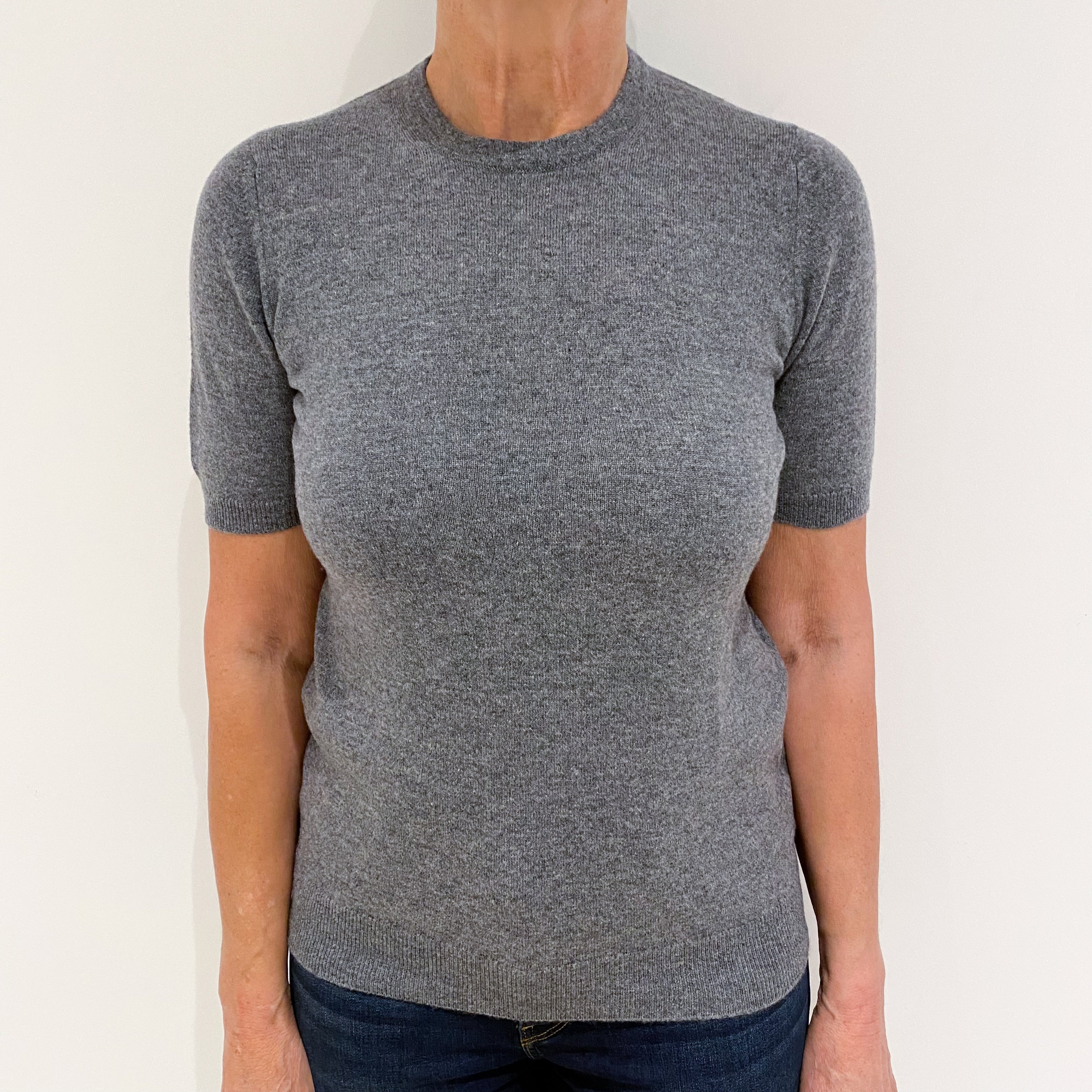 Brand New Scottish Steel Grey Short Sleeved Cashmere Crew Neck Jumper Small