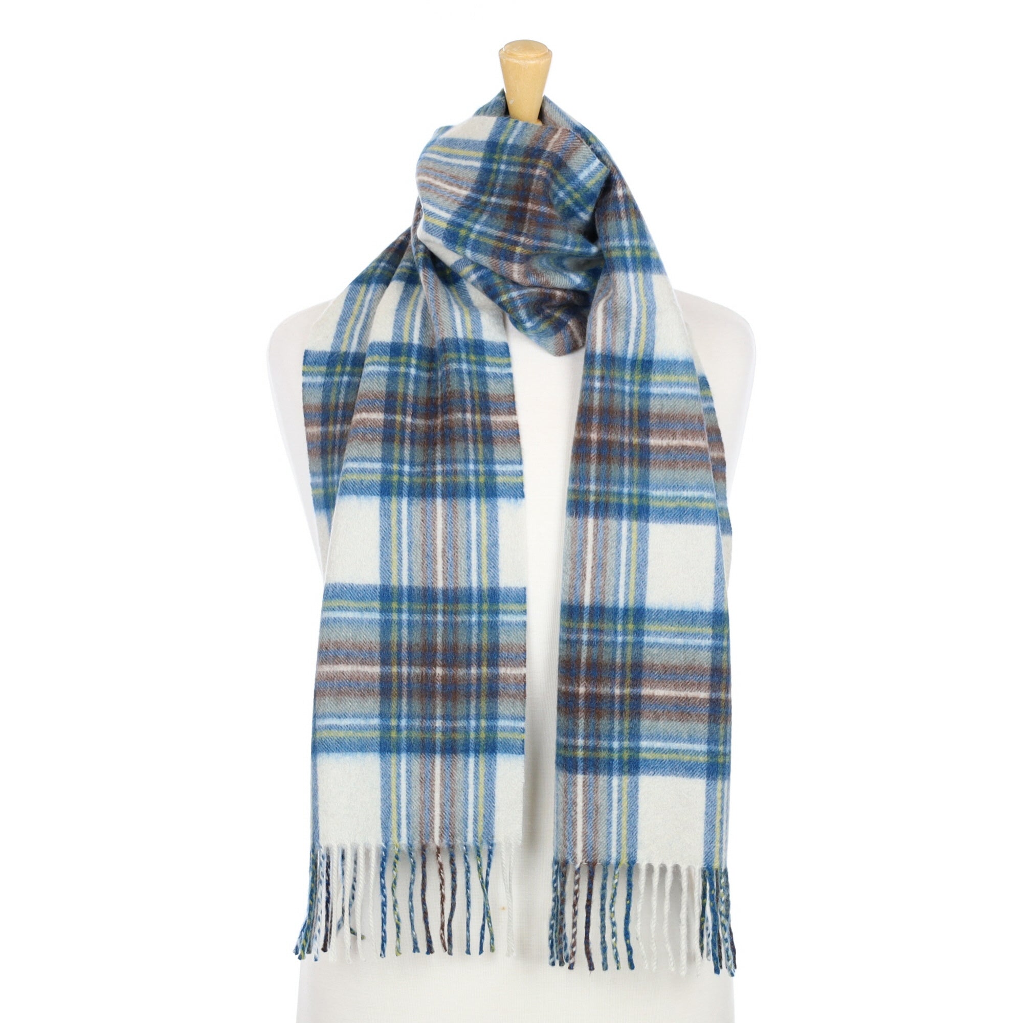 Cream and Teal Checked Cashmere Woven Scarf
