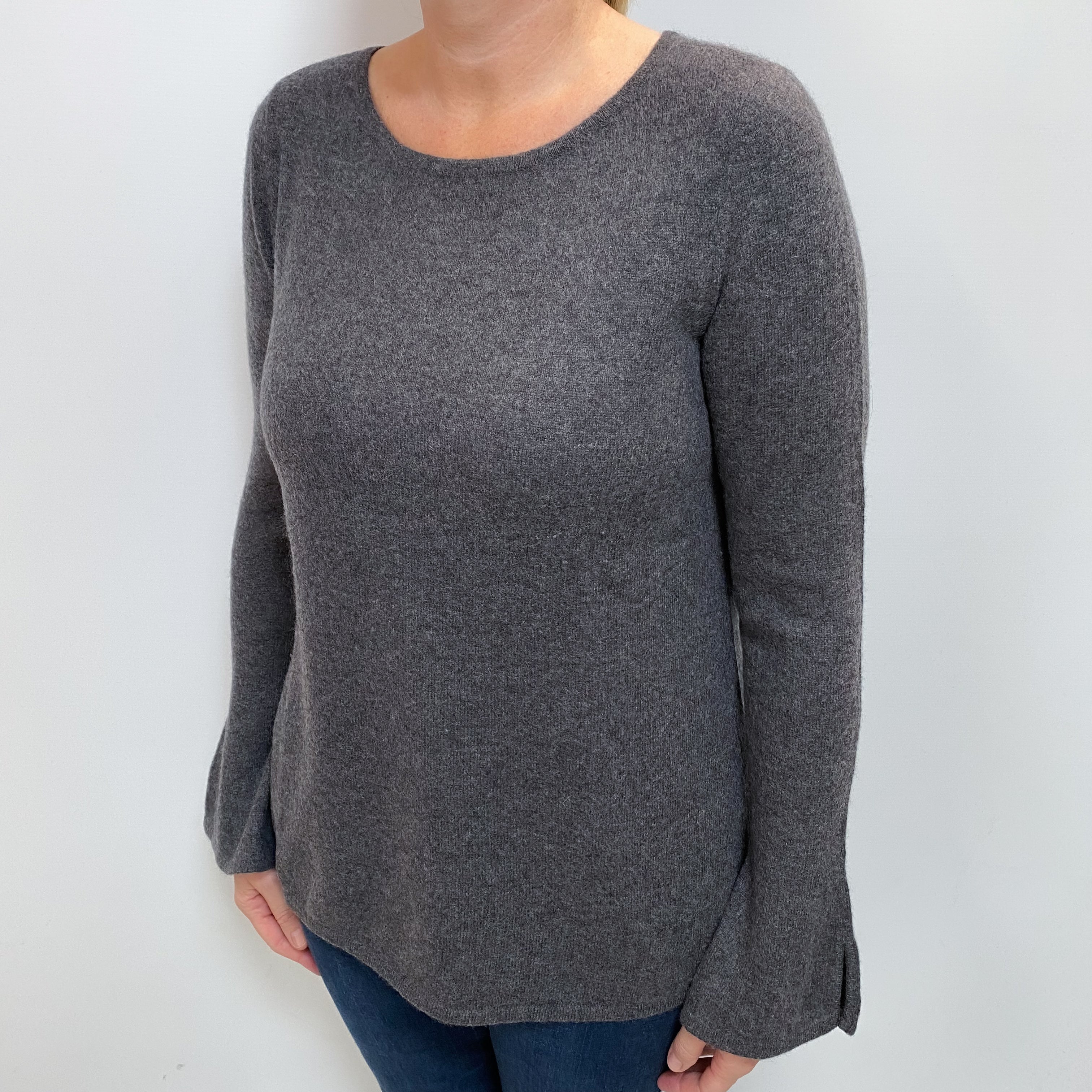 Slate Grey Cashmere Flared Cuff Crew Neck Jumper Large