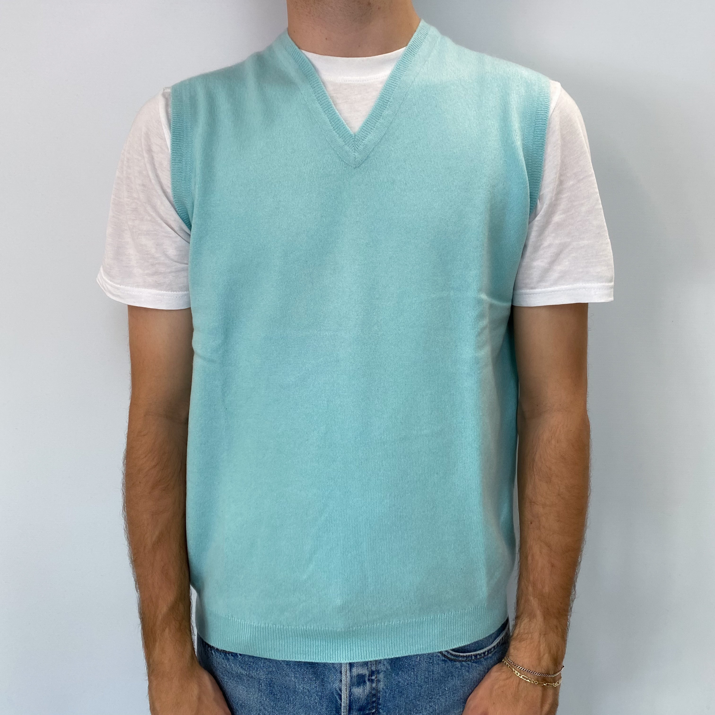 Men's Mint Blue Cashmere Sleeveless V Neck Jumper Large