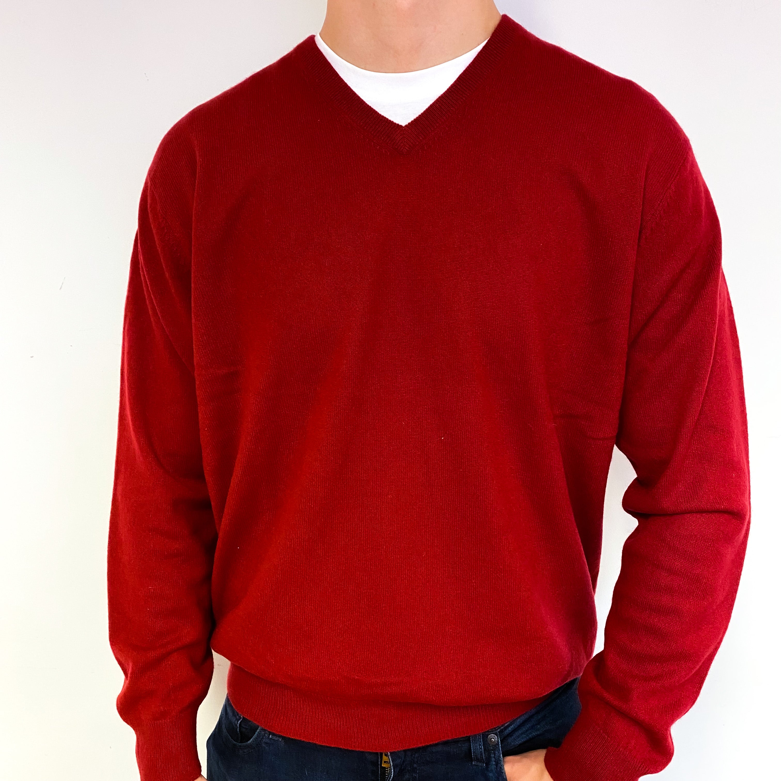 Men's Crimson Red Cashmere V-Neck Jumper Extra Large