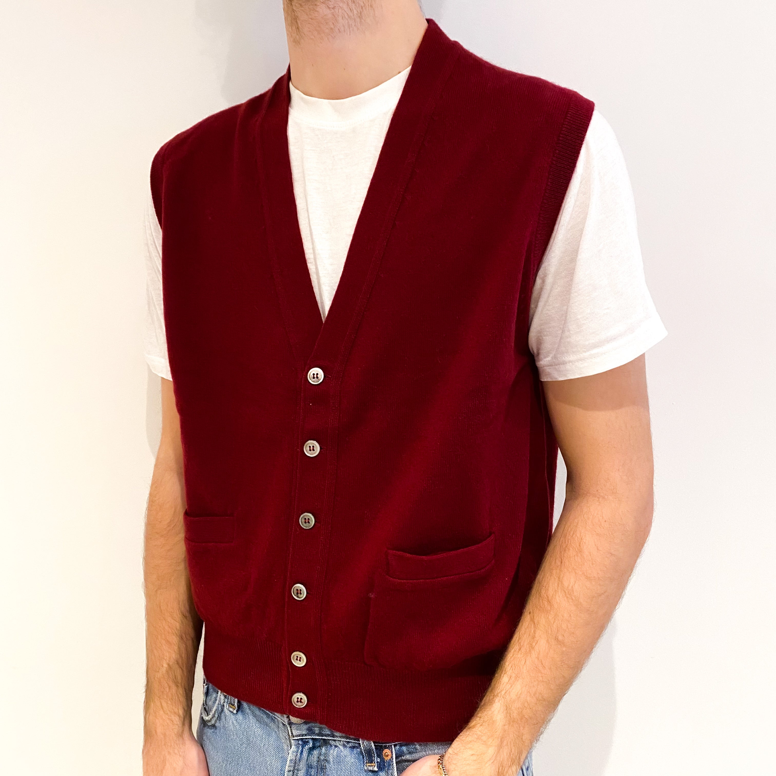 Men's Wine Red Cashmere V Neck Sleeveless Cardigan Large