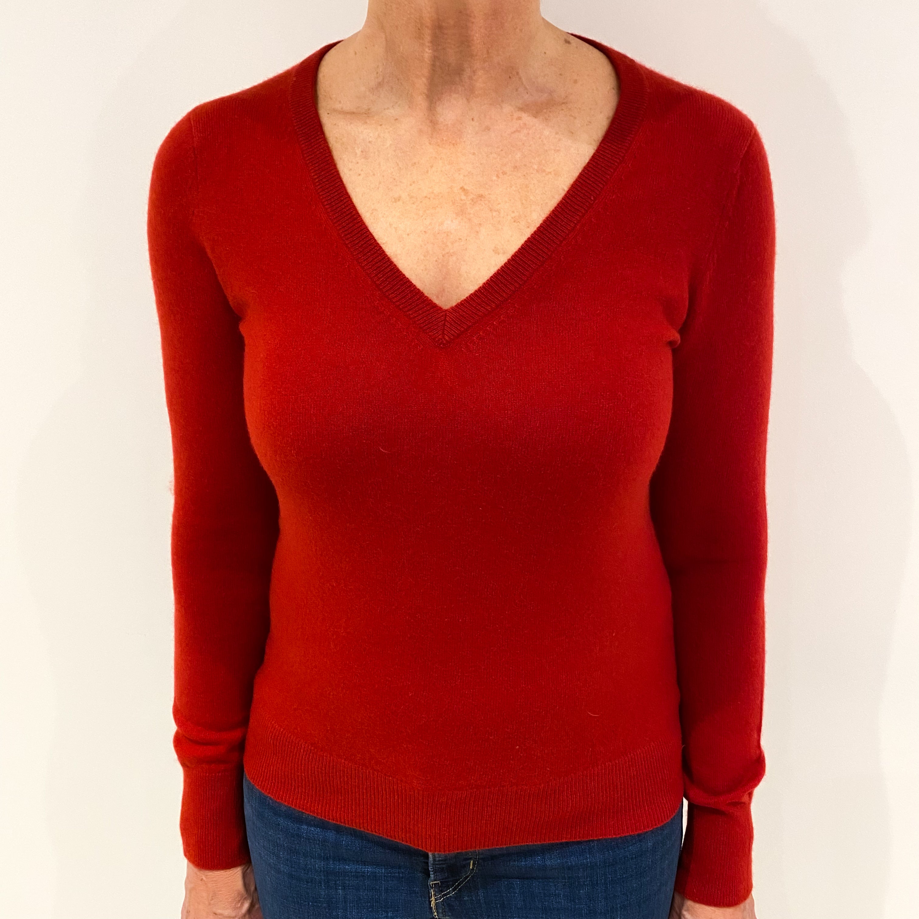Scarlet Red Cashmere V Neck Jumper Medium