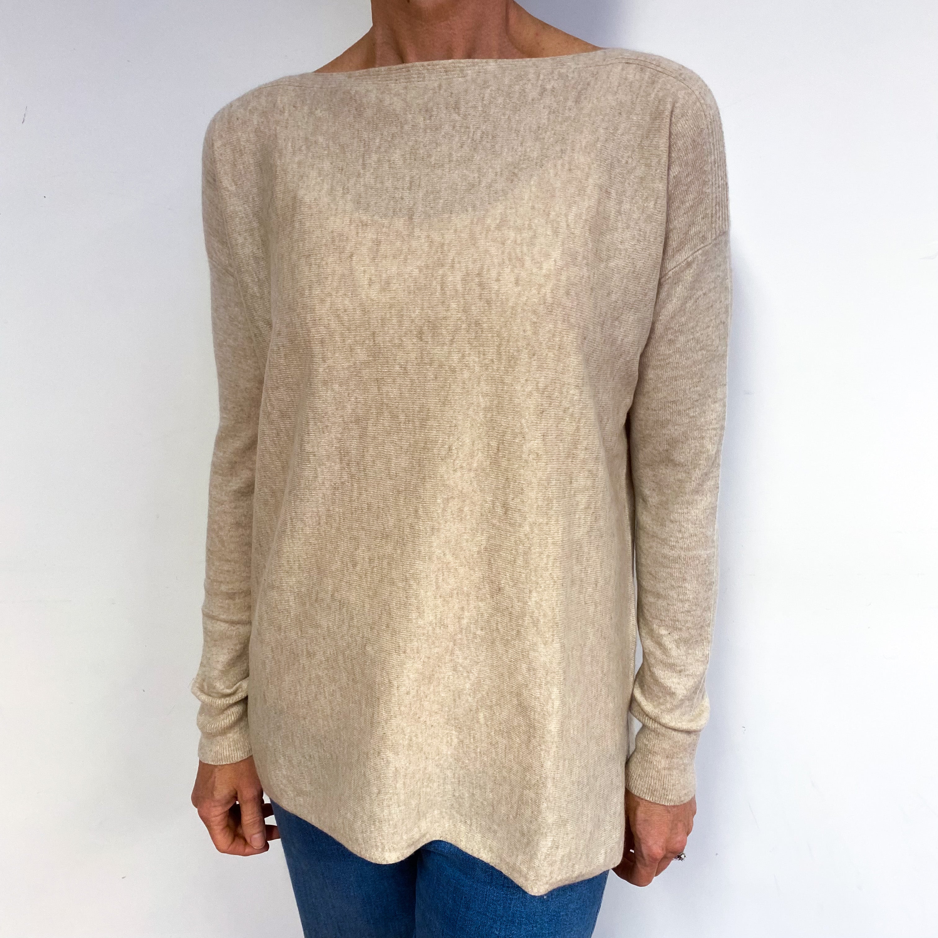 Soft Beige Slouchy Cashmere Slash Neck Jumper Medium