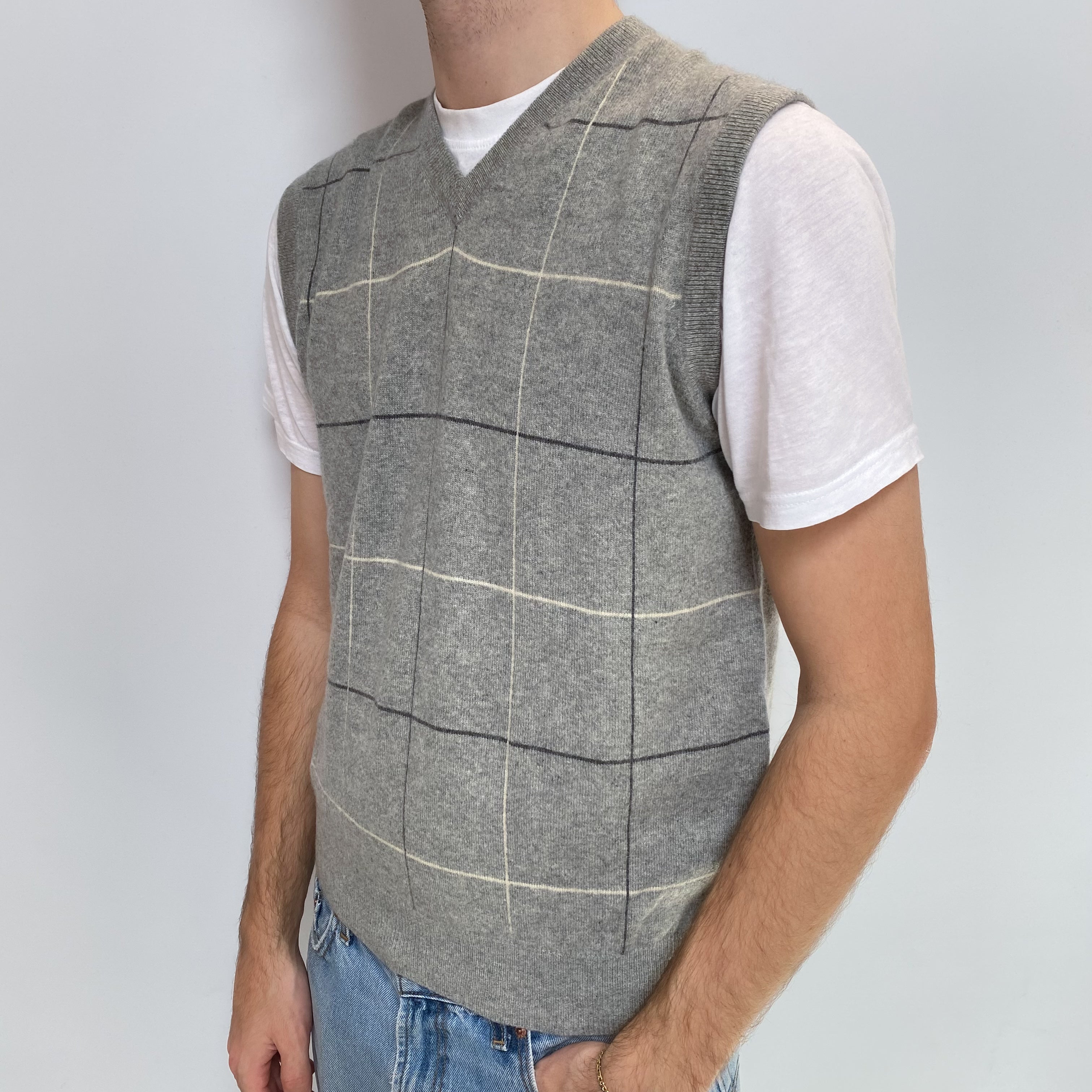 Men's Smoke Grey Checked Cashmere V Neck Tank Top Large