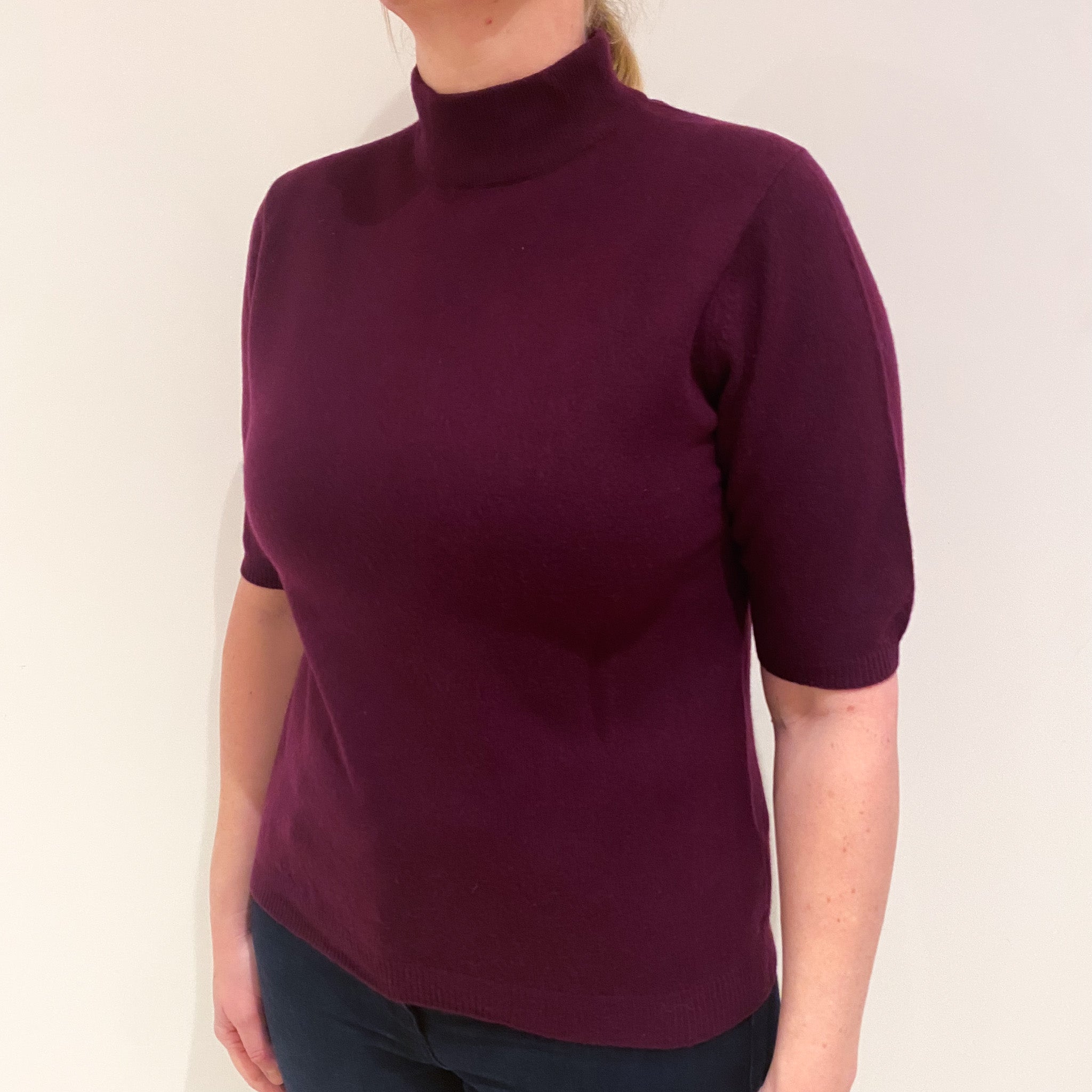 Mulberry Purple Cashmere Short Sleeve Polo Neck Jumper Large