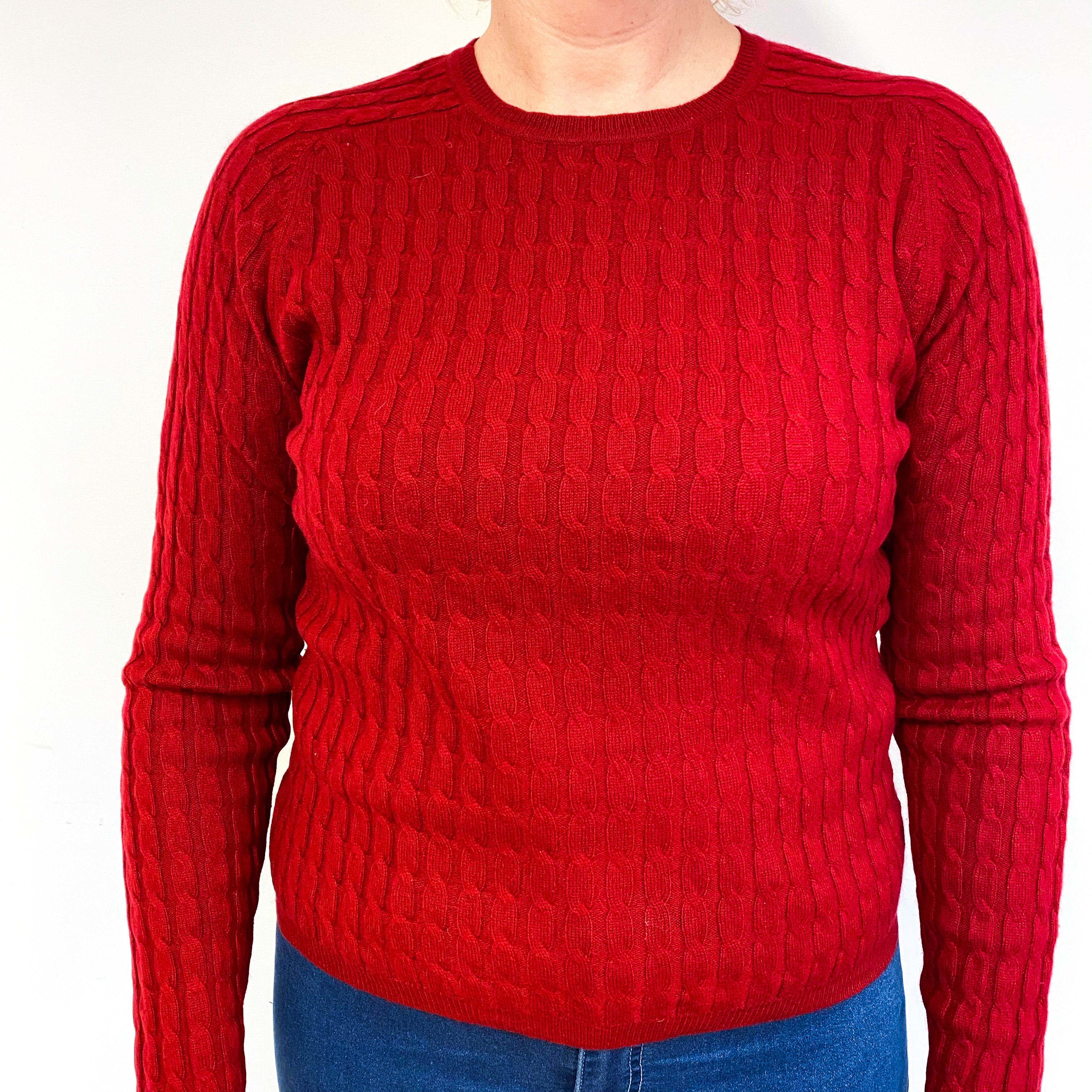 Ruby Red Cable Knit Cashmere Crew Neck Jumper Large