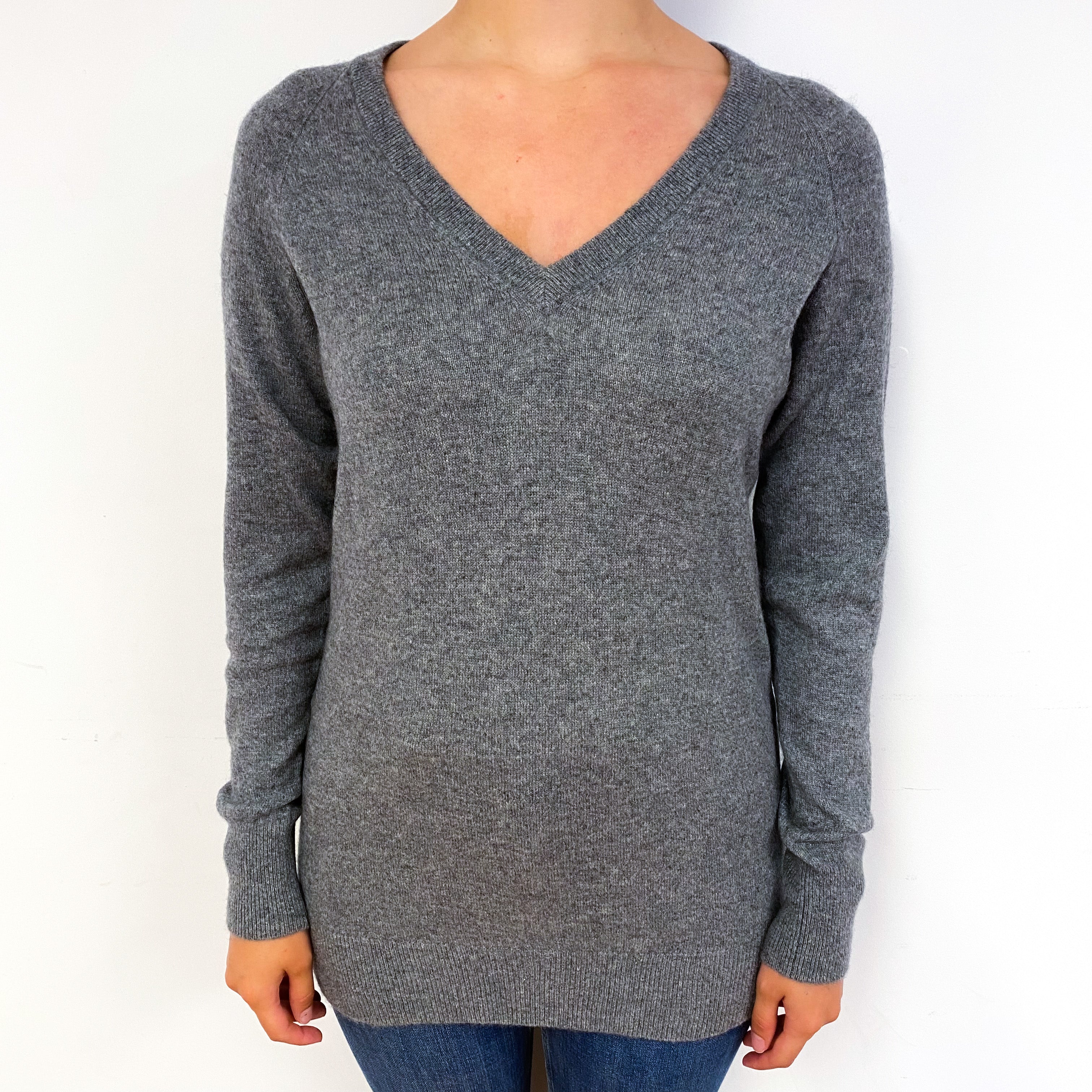 Slate Grey Longline Cashmere V-Neck Jumper Small