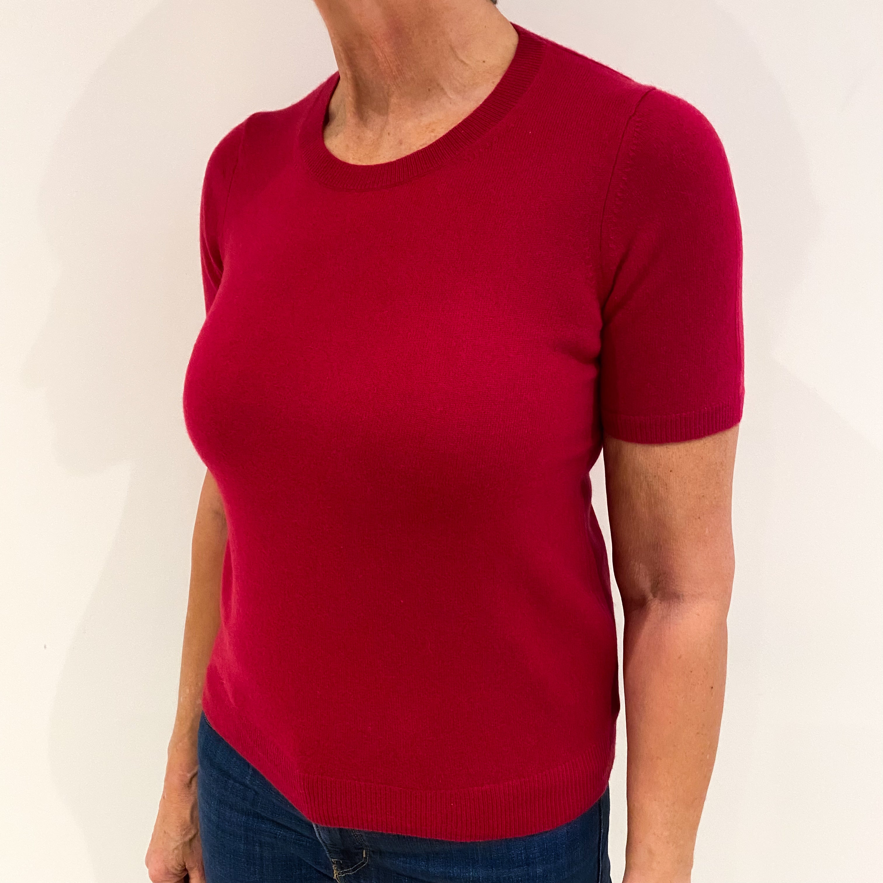 Cherry Pink Short Sleeved Cashmere Crew Neck Jumper Medium
