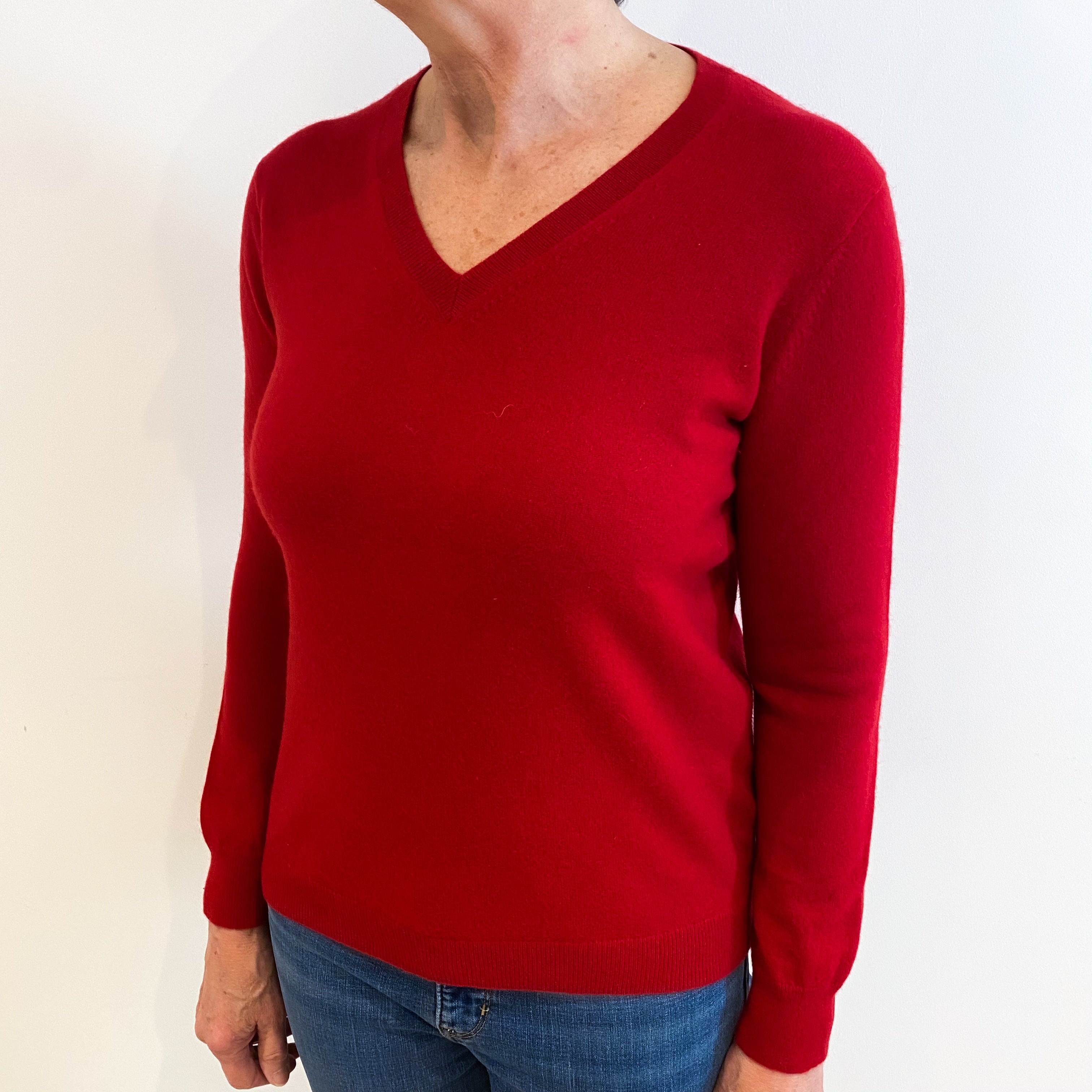 Post Box Red Cashmere V Neck Jumper Medium