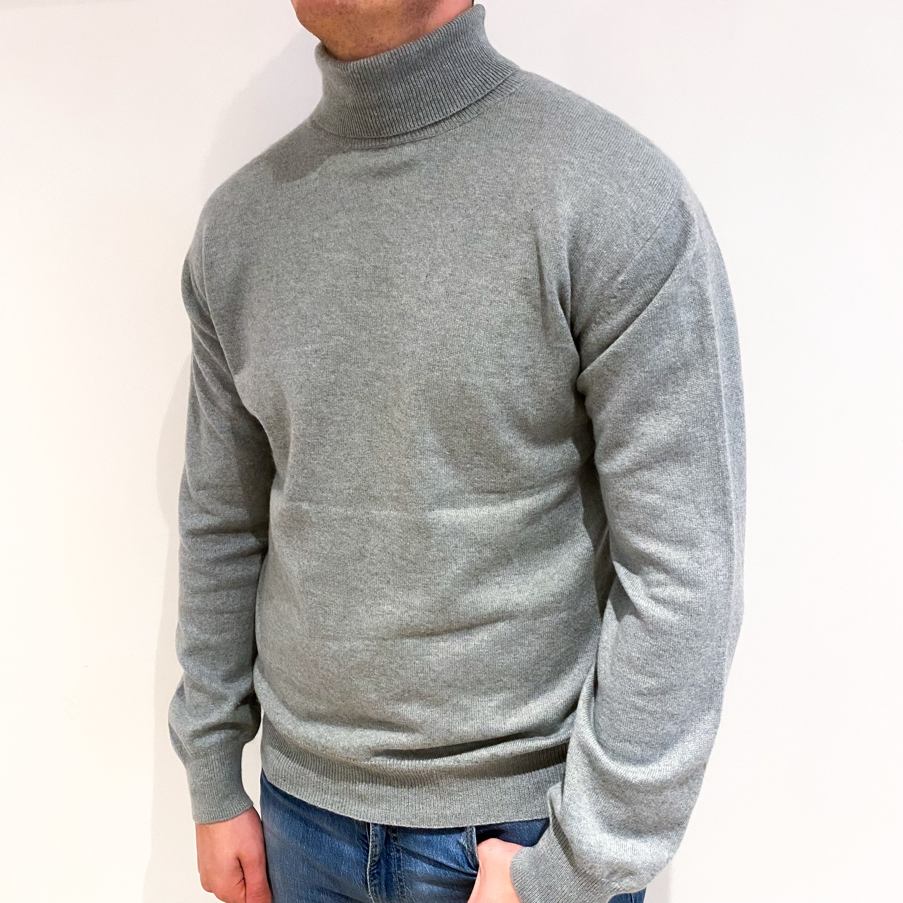 Men’s Pale Sage Green Cashmere Polo Neck Jumper XL