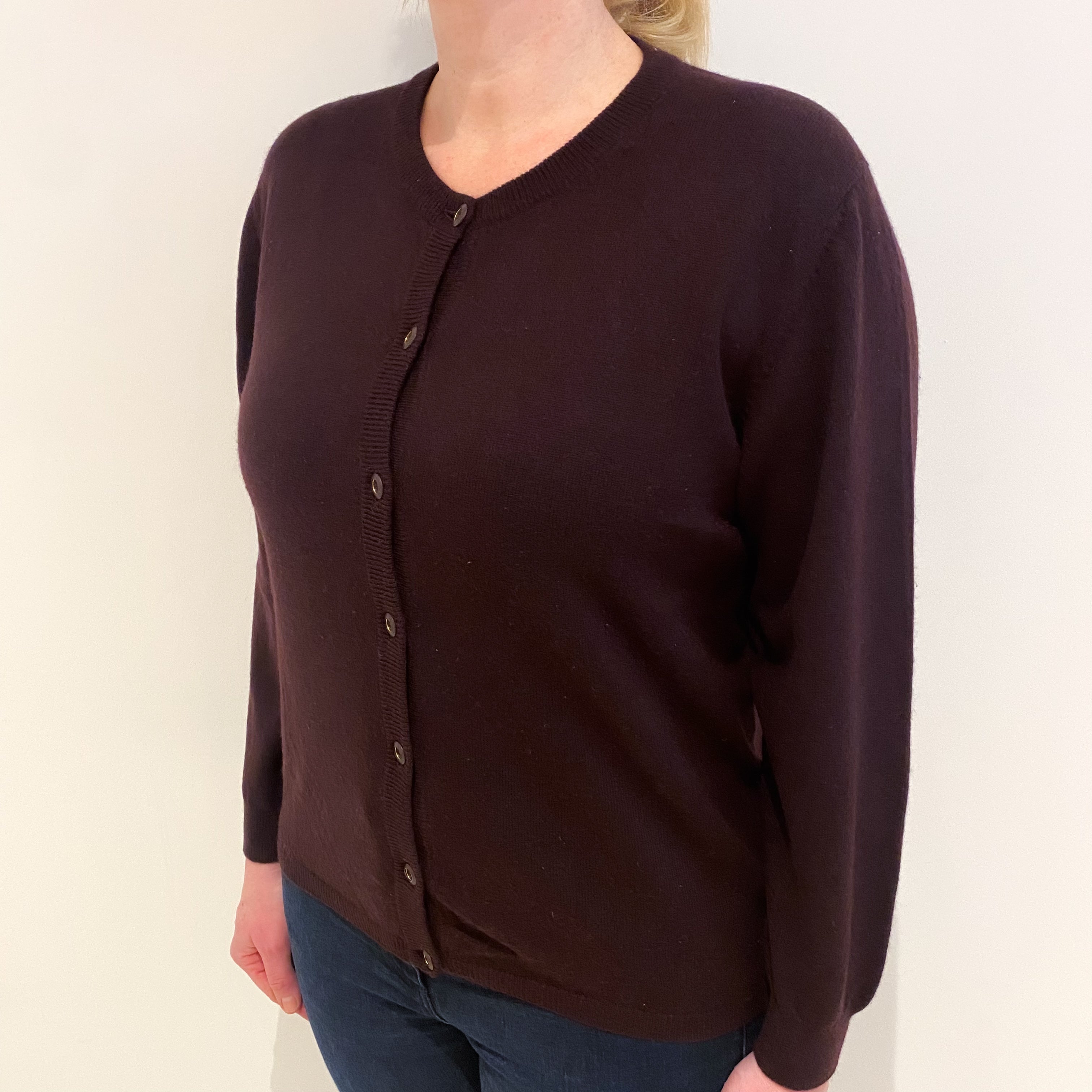 Dark Aubergine Purple Cashmere Crew Neck Cardigan Large