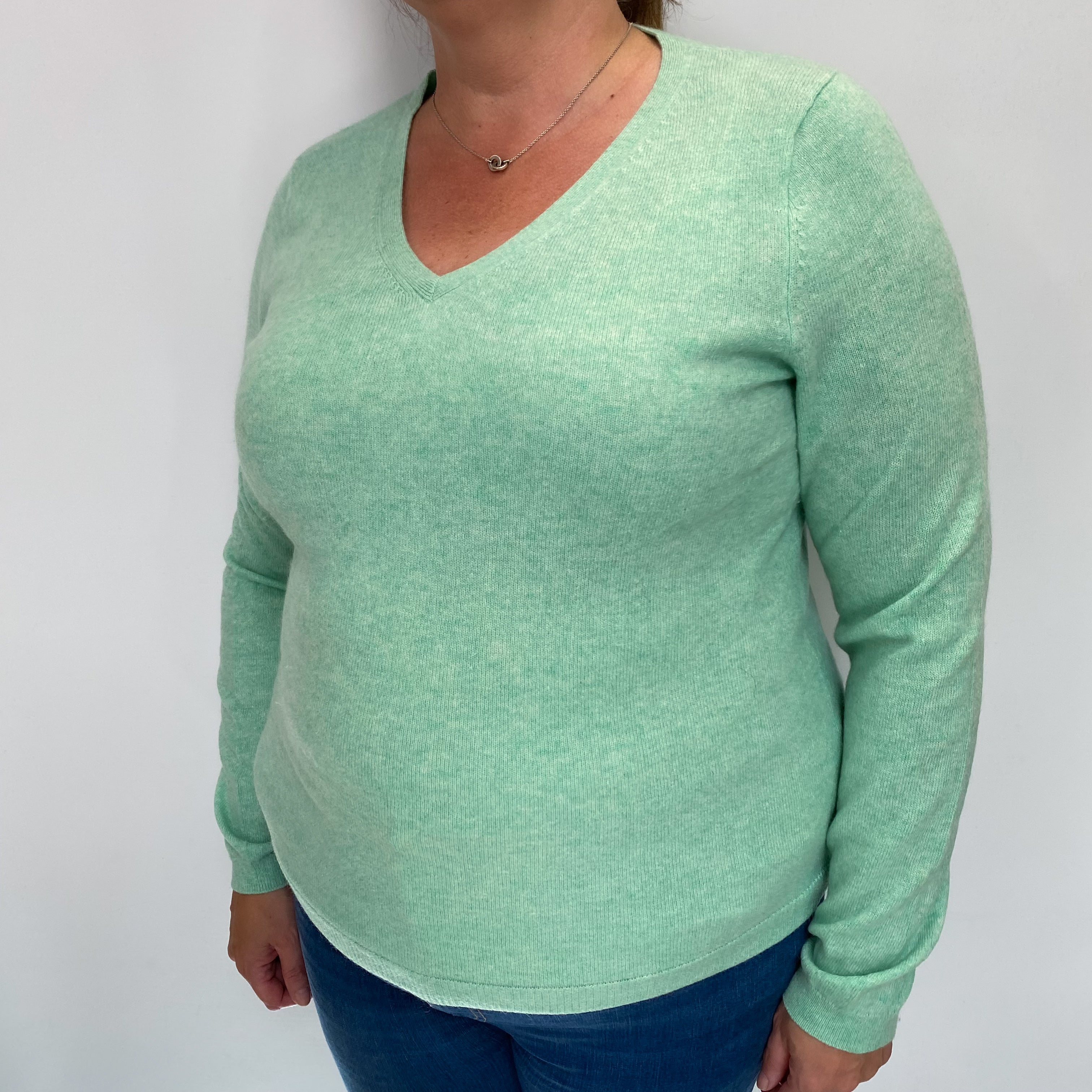 Spring Green Marl Cashmere V Neck Jumper Extra Large