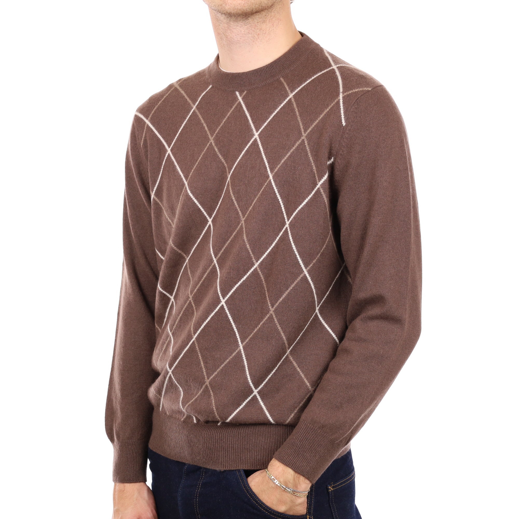 Men's Chocolate Brown Patterned Cashmere Crew Neck Jumper Large