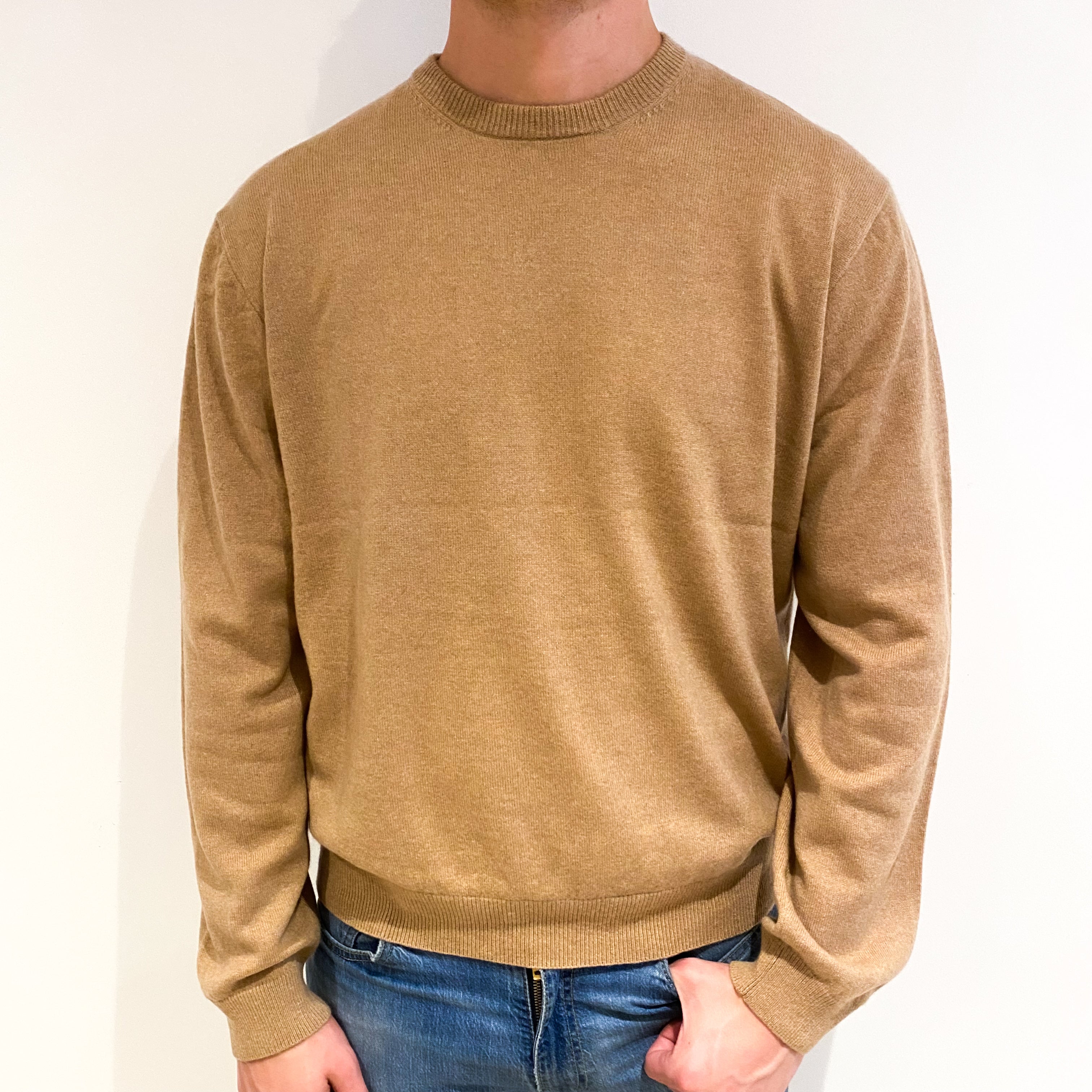 Men's Camel Brown Cashmere Crew Neck Jumper XXL