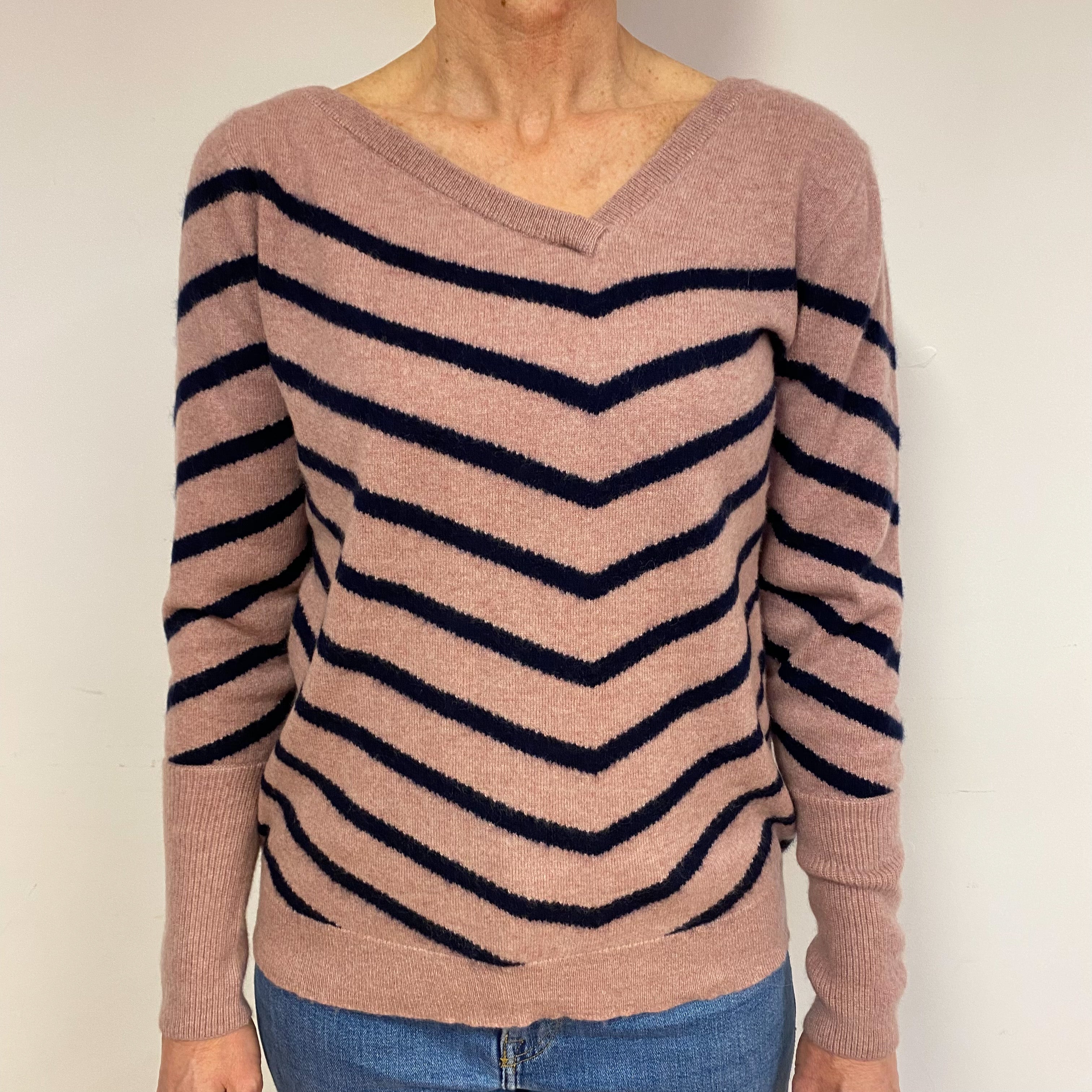 Faded Heather Pink And Navy Blue Cashmere V-Neck Jumper Medium