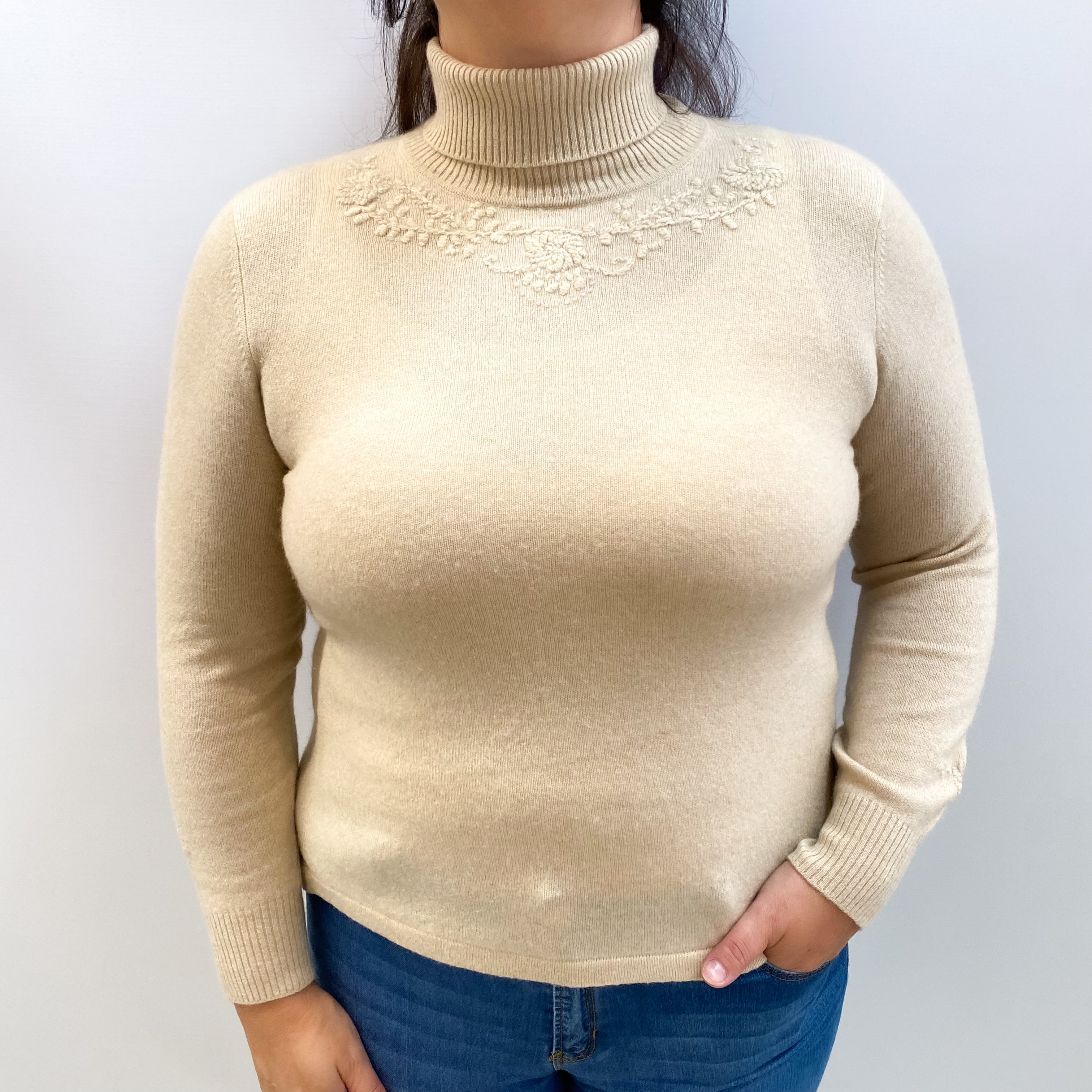 Sand Beige Embroidered Cashmere Polo Neck Jumper Large