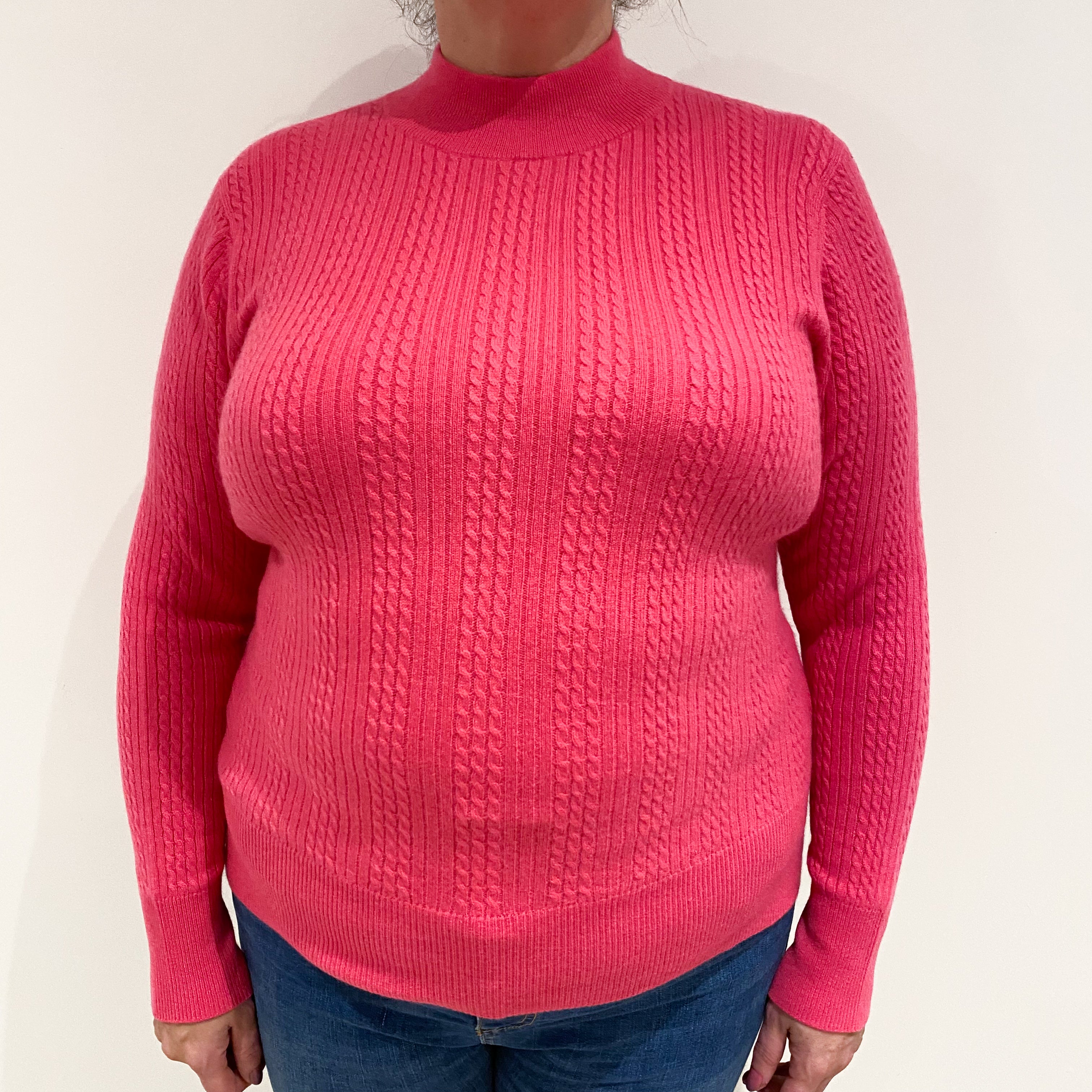 Lupin Pink Cable Knit Cashmere Polo Neck Jumper Extra Large