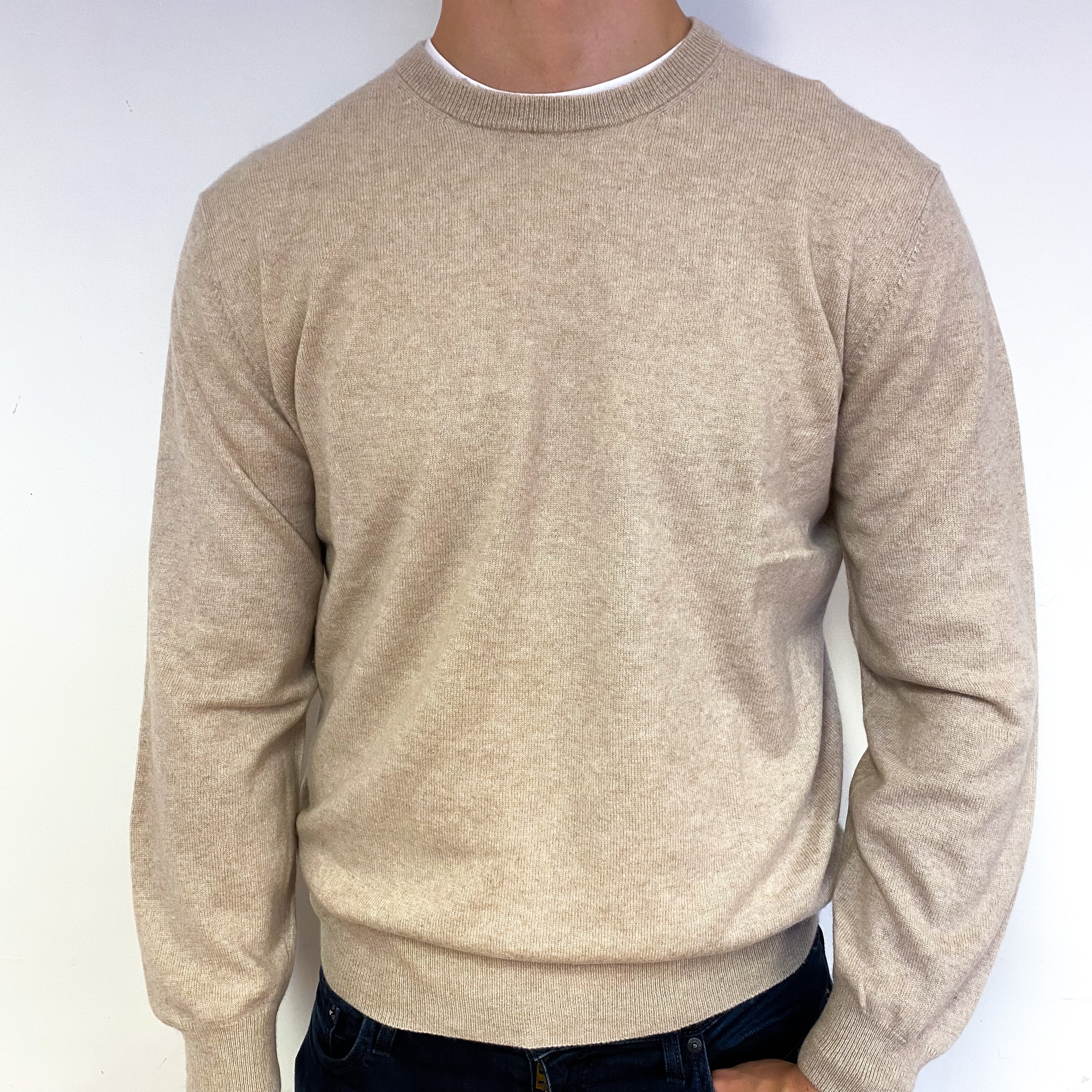 Men's Fawn Beige Cashmere Crew Neck Jumper Extra Large