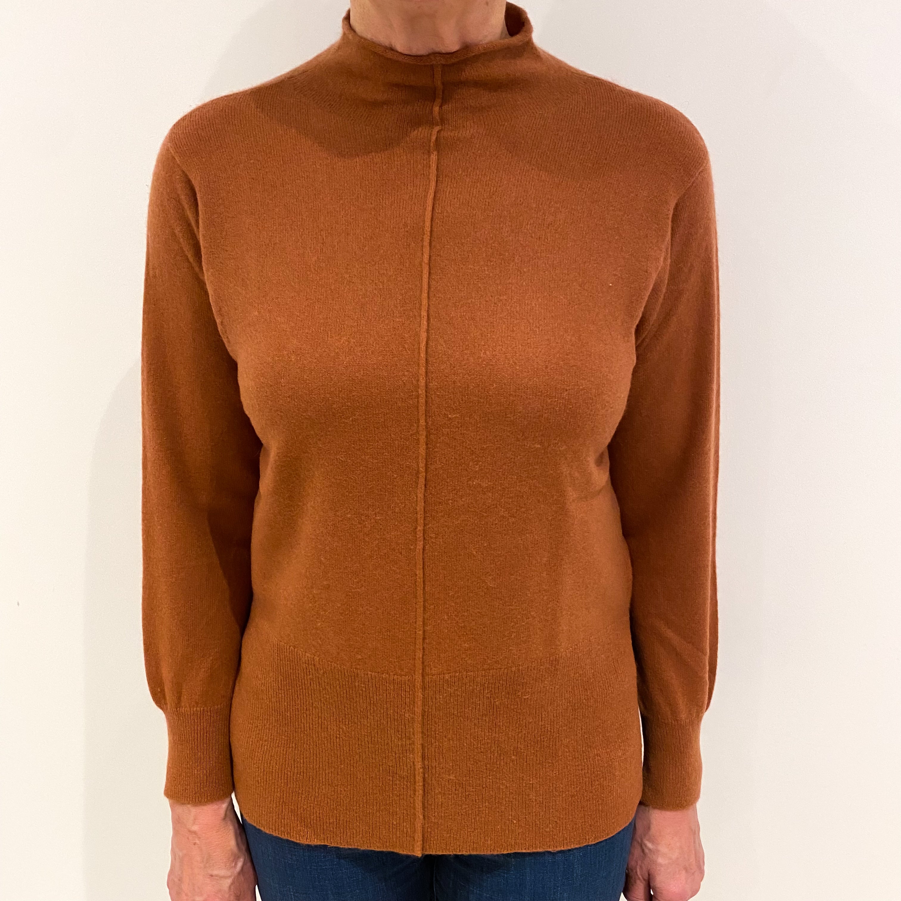 Rust Brown Cashmere Funnel Neck Jumper Medium