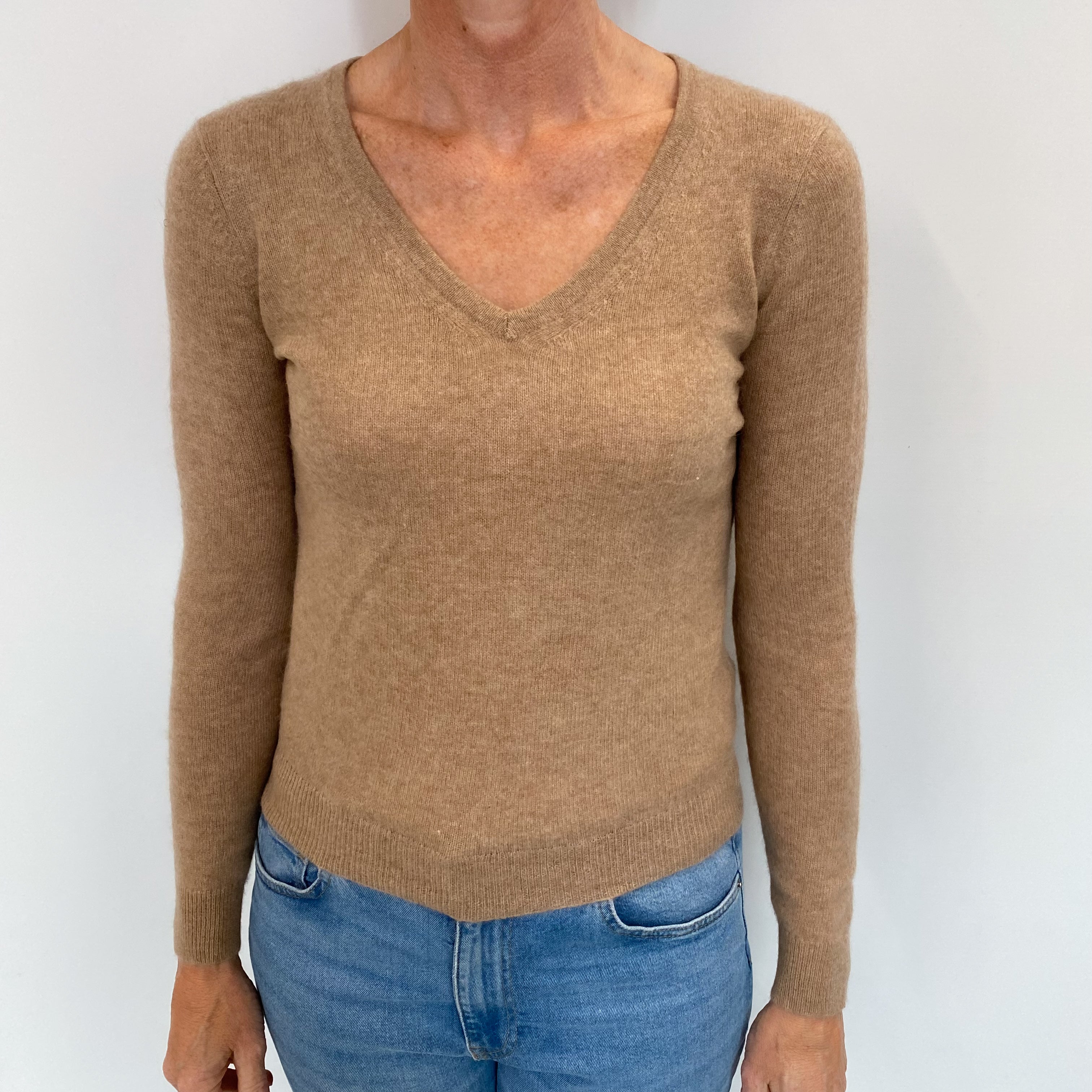 Butterscotch Brown Cashmere V Neck Jumper Small