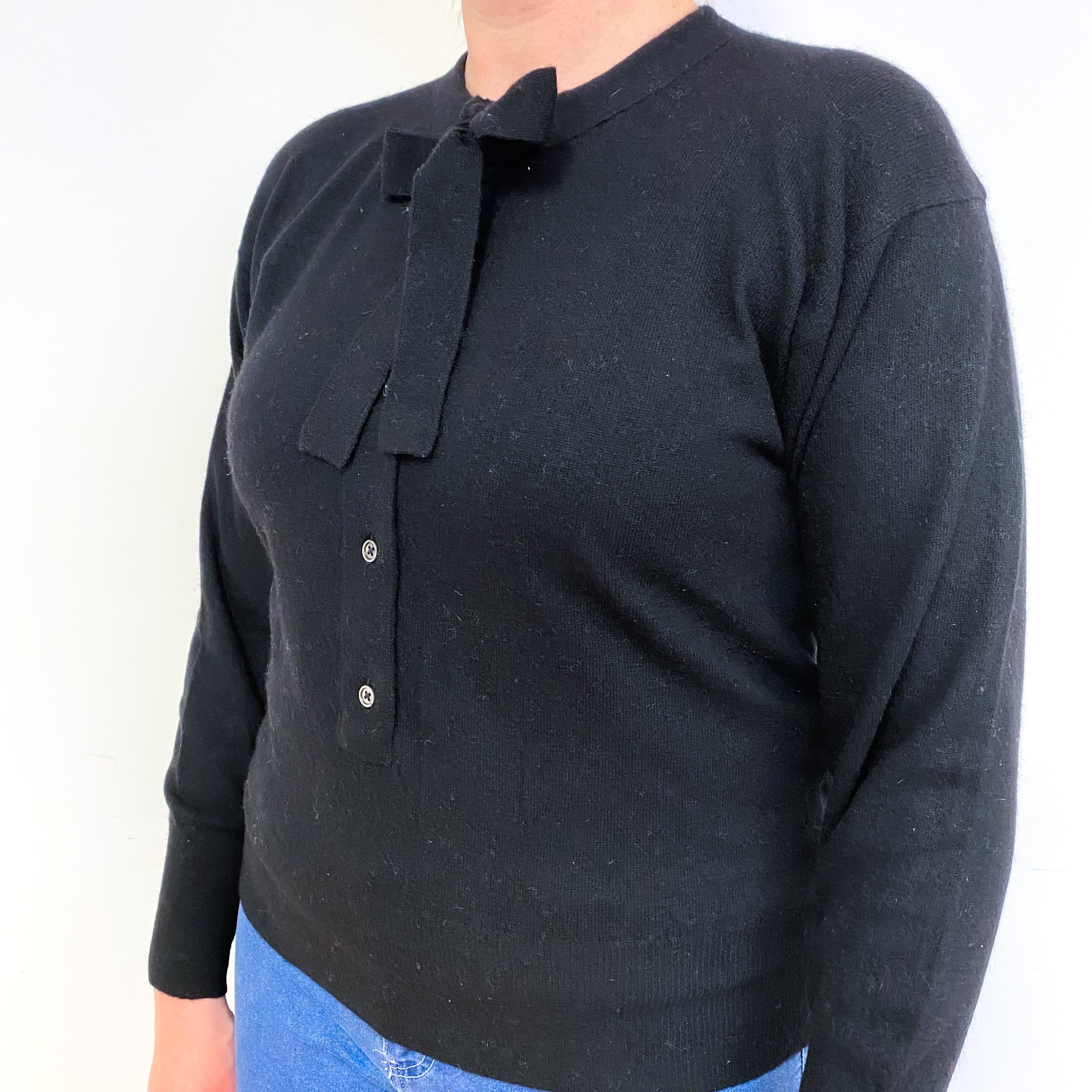 Black Neck Tie Cashmere Crew Neck Jumper Large